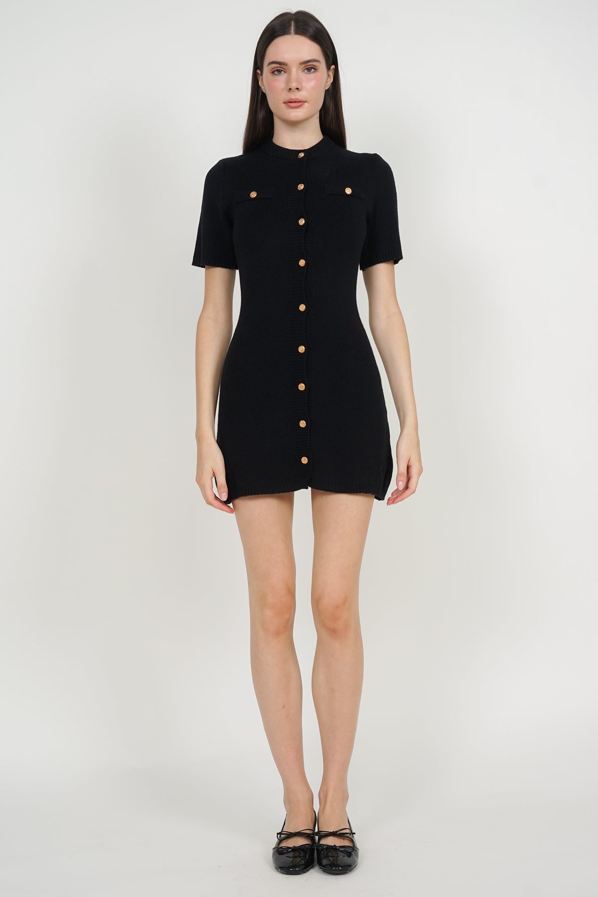 Button Knitted Dress in Black