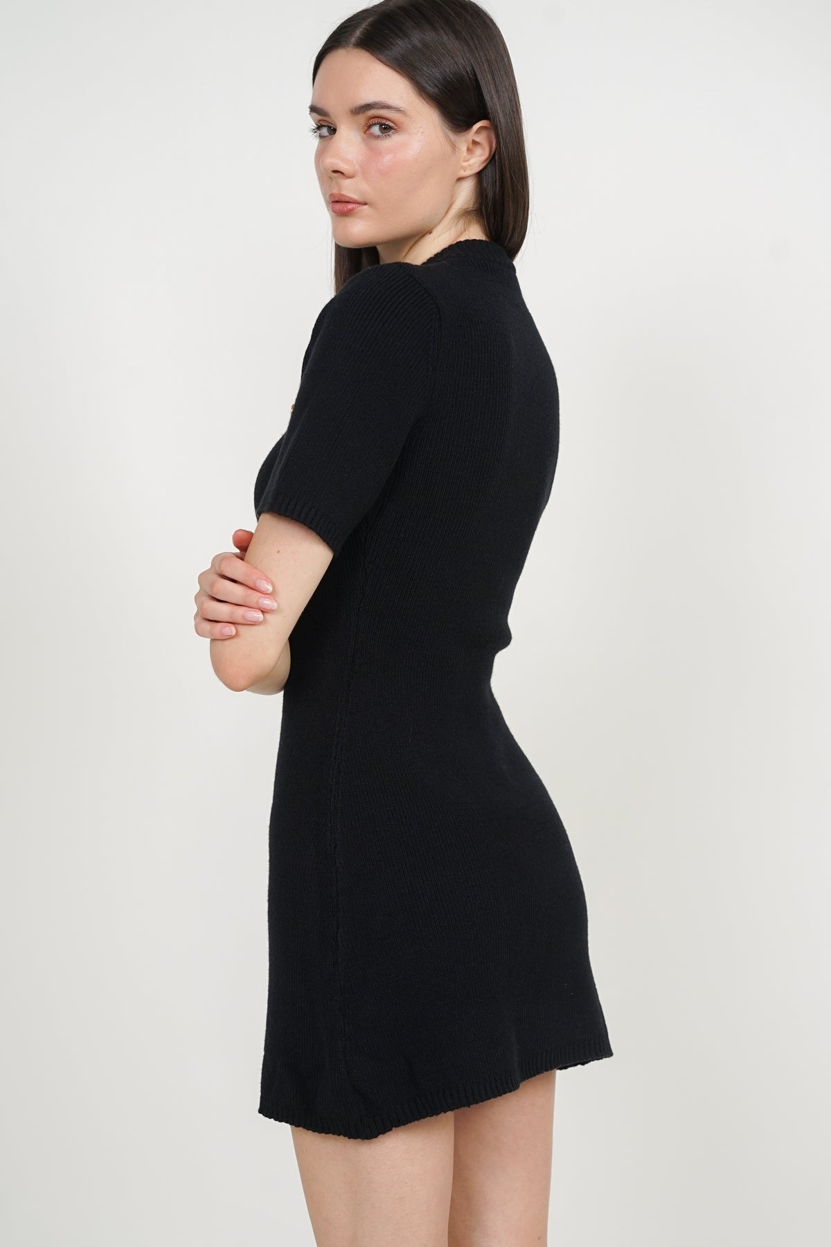 Button Knitted Dress in Black