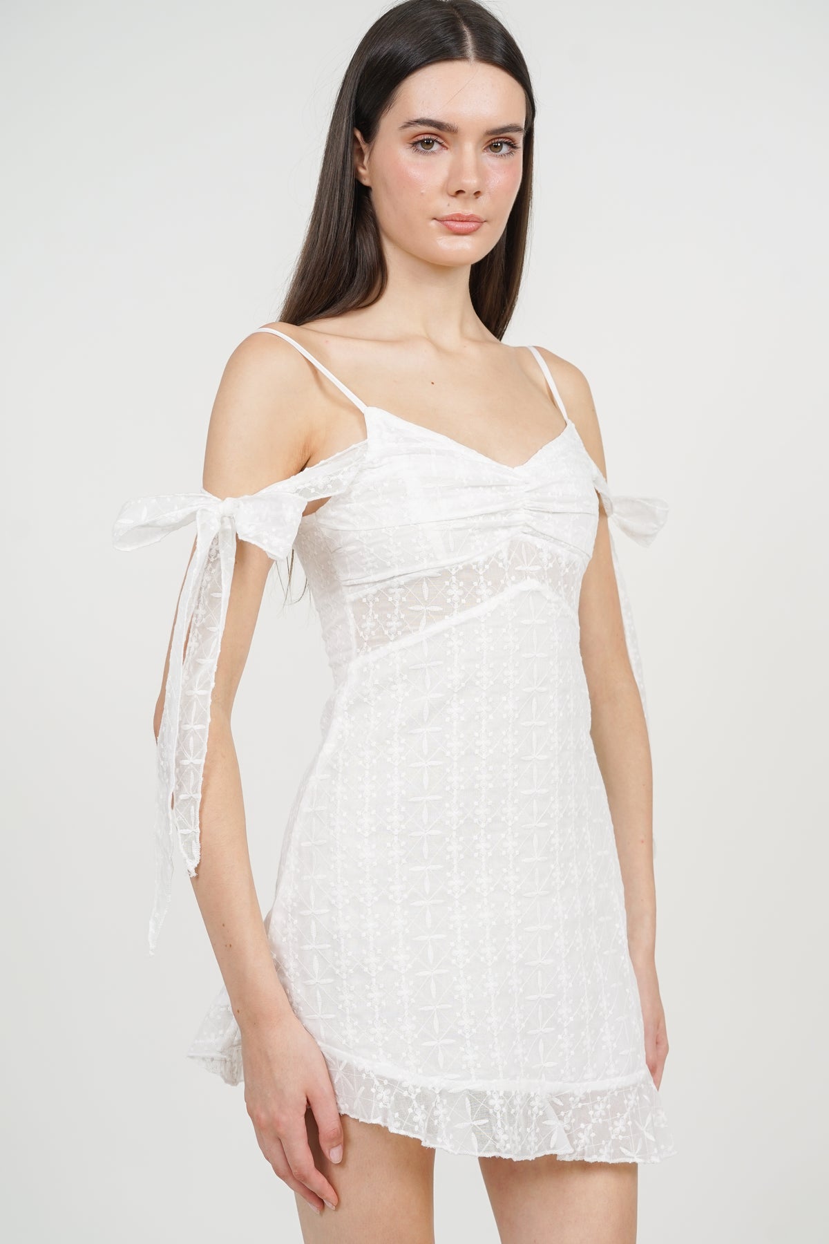 Cold-Shoulder Sleeve Embroidered Dress in White