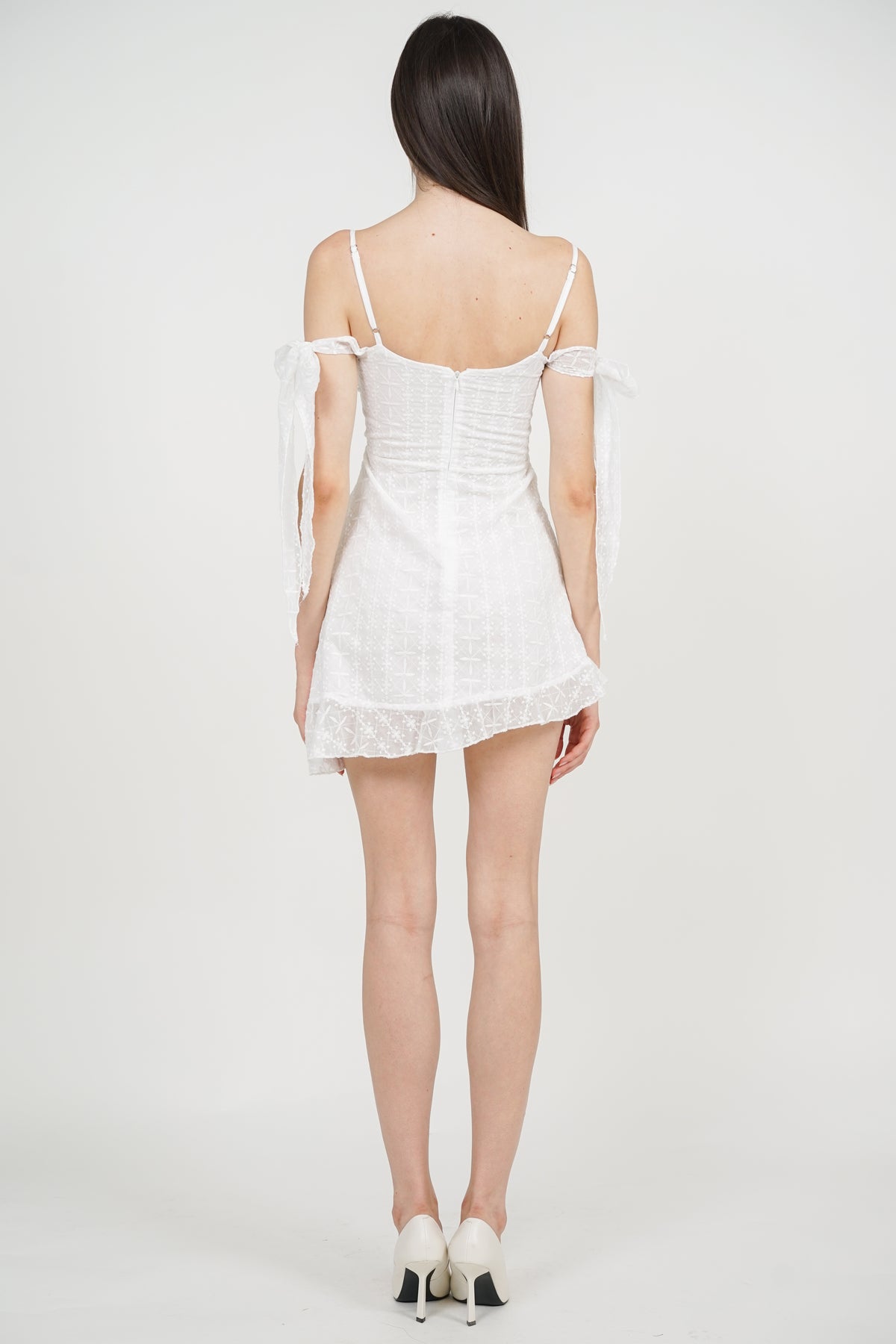Cold-Shoulder Sleeve Embroidered Dress in White
