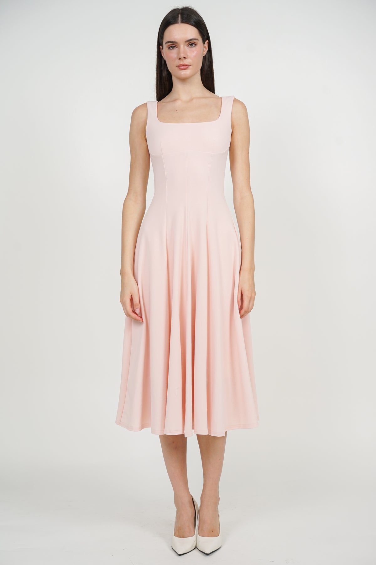 Square Neck Flare Midi Dress in Pink