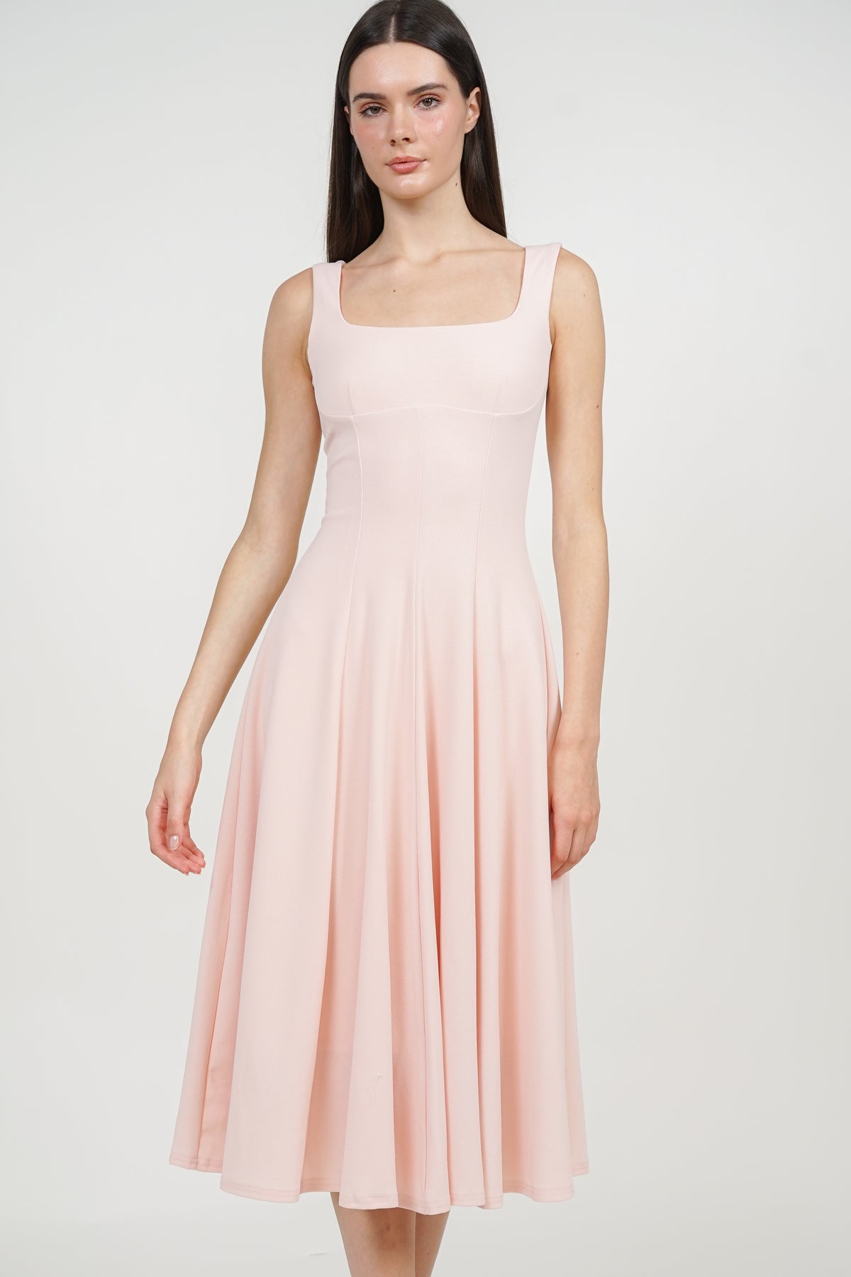 Square Neck Flare Midi Dress in Pink
