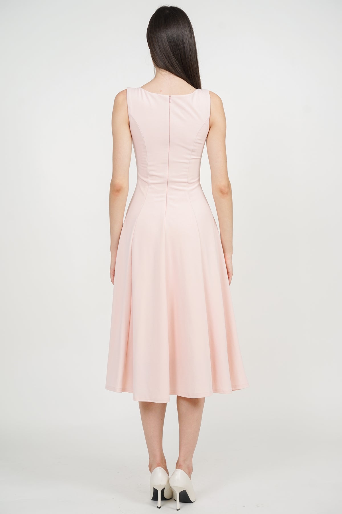 Square Neck Flare Midi Dress in Pink