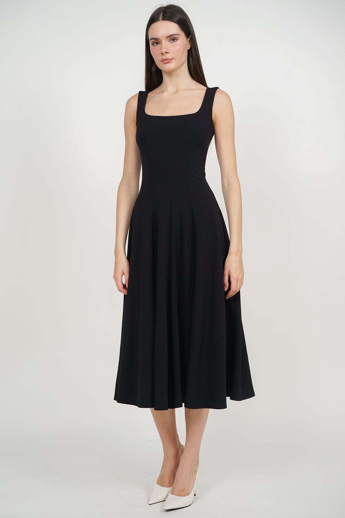 Square Neck Flare Midi Dress in Black