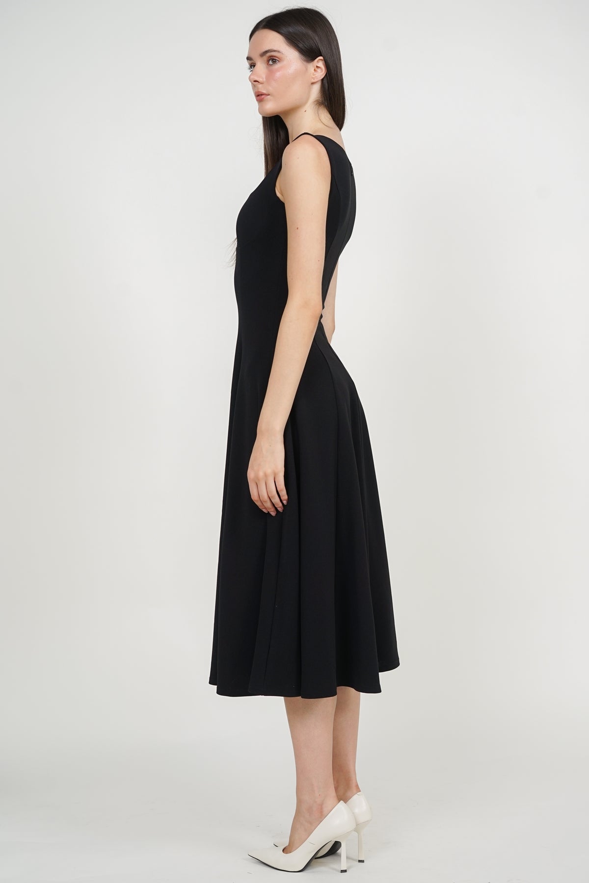 Square Neck Flare Midi Dress in Black