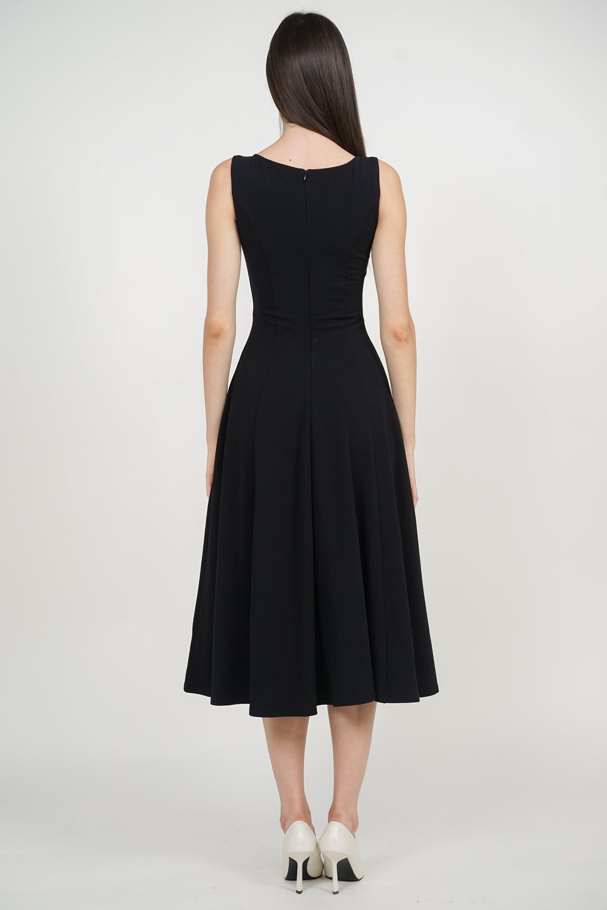 Square Neck Flare Midi Dress in Black
