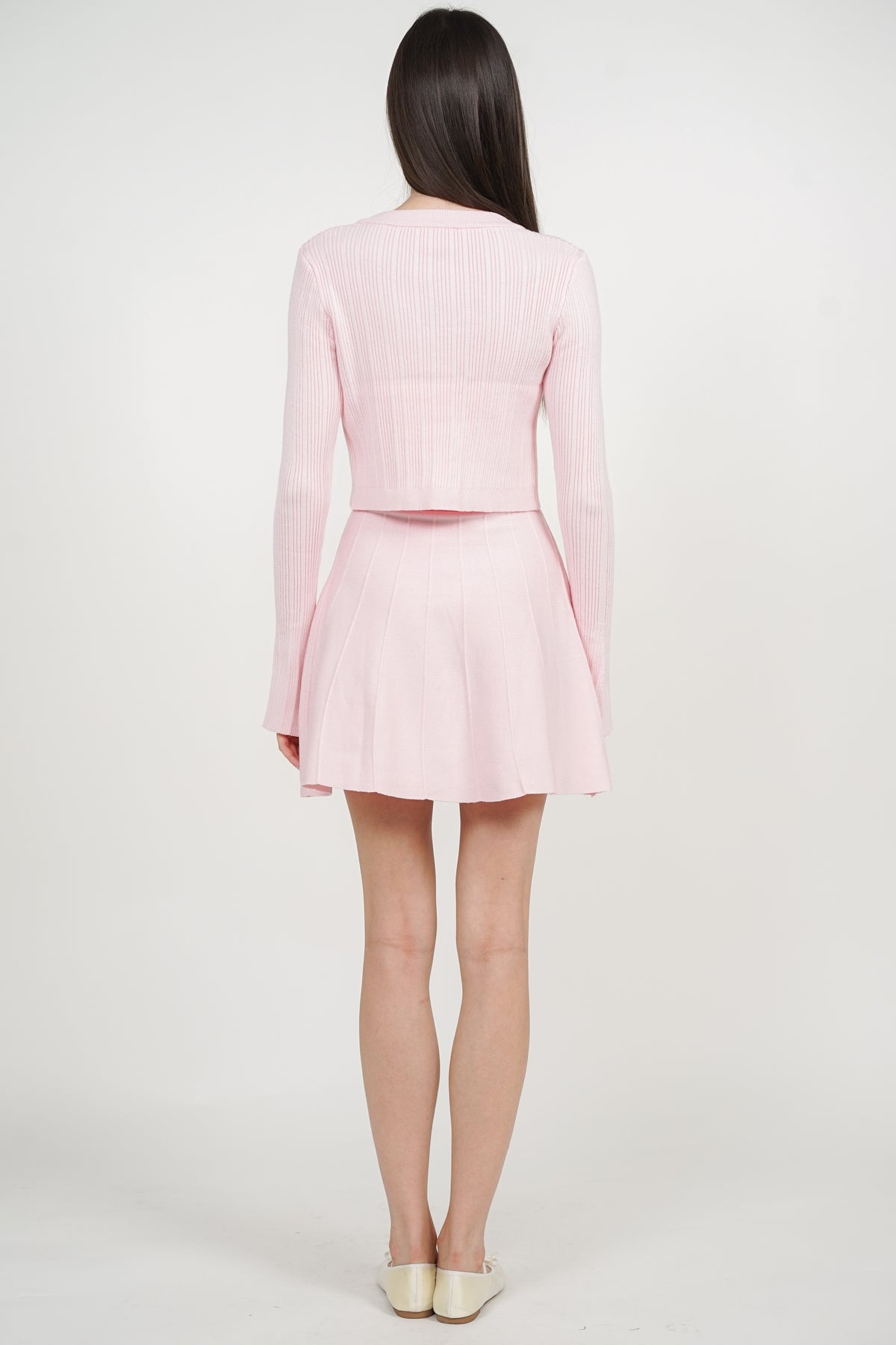 Knitted Button Cardi Dress Set in Pink