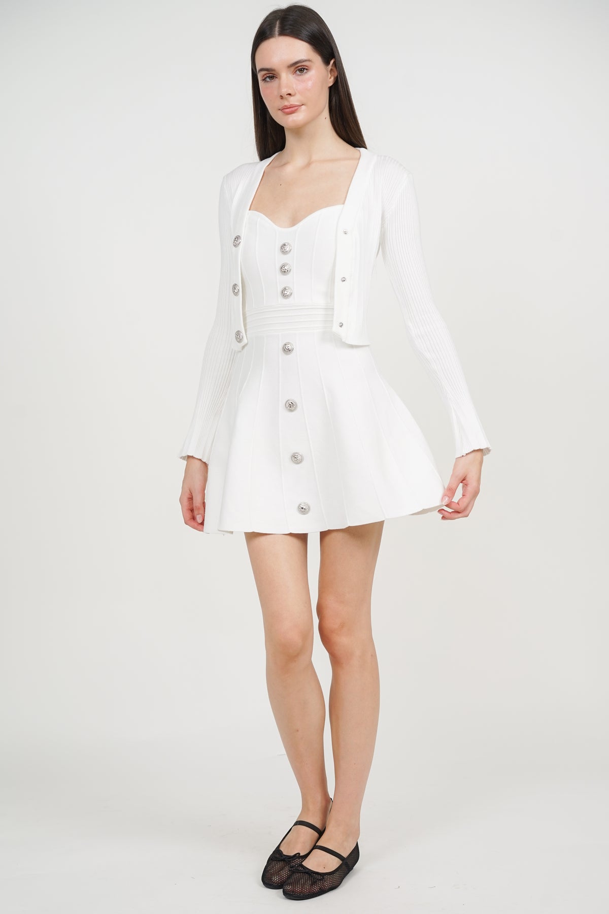Knitted Button Cardi Dress Set in White