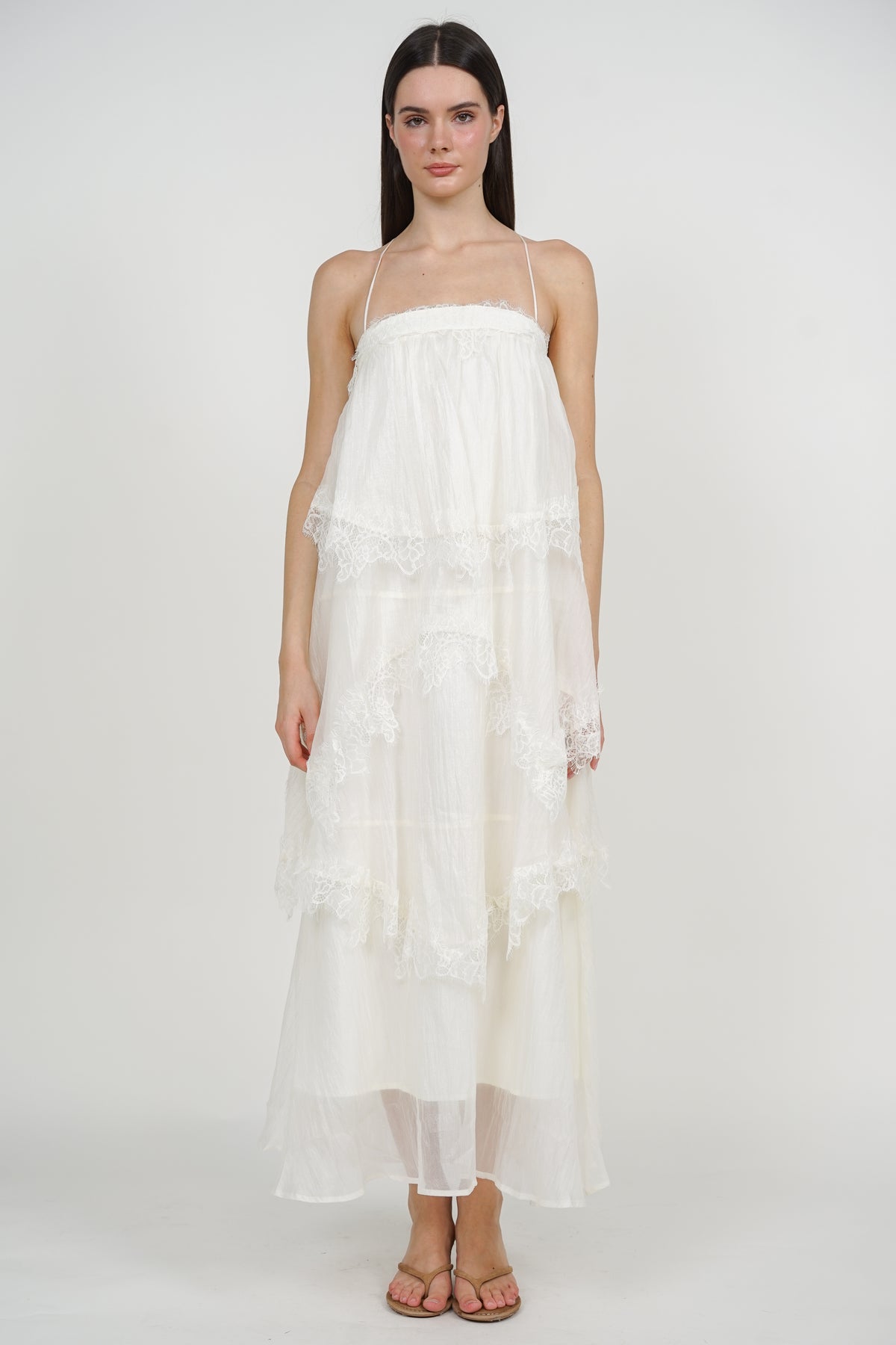 Backless Strap Lace Maxi Ruffle Dress in White