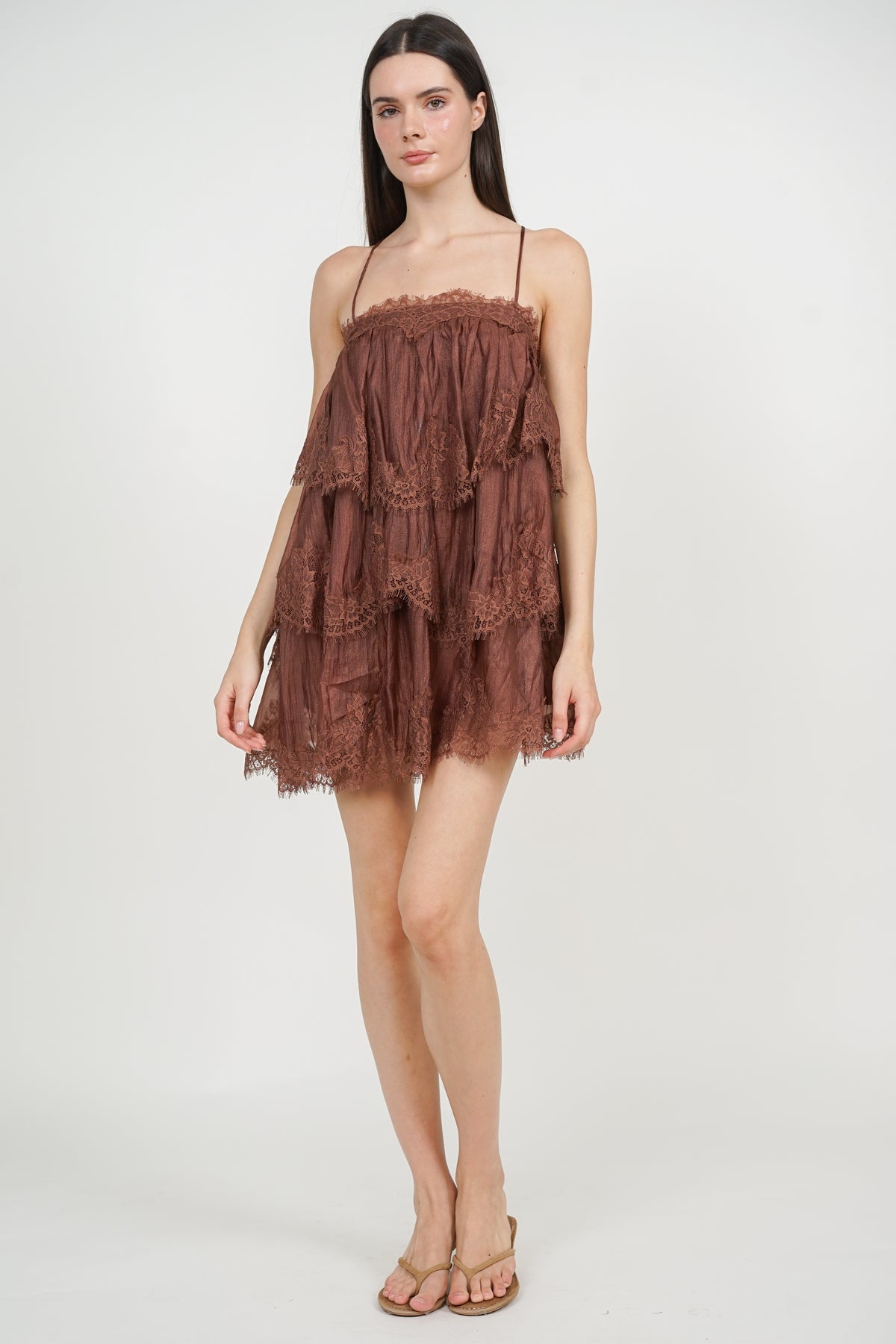 Backless Strap Lace Mini Ruffle Dress in Brown