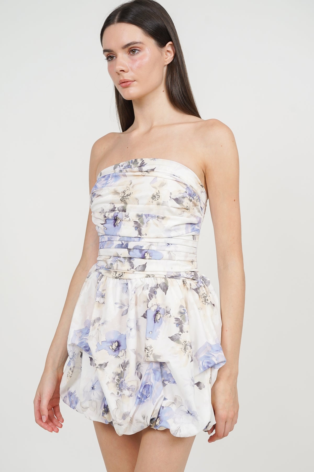 Tube Pleated Dress in Purple Floral