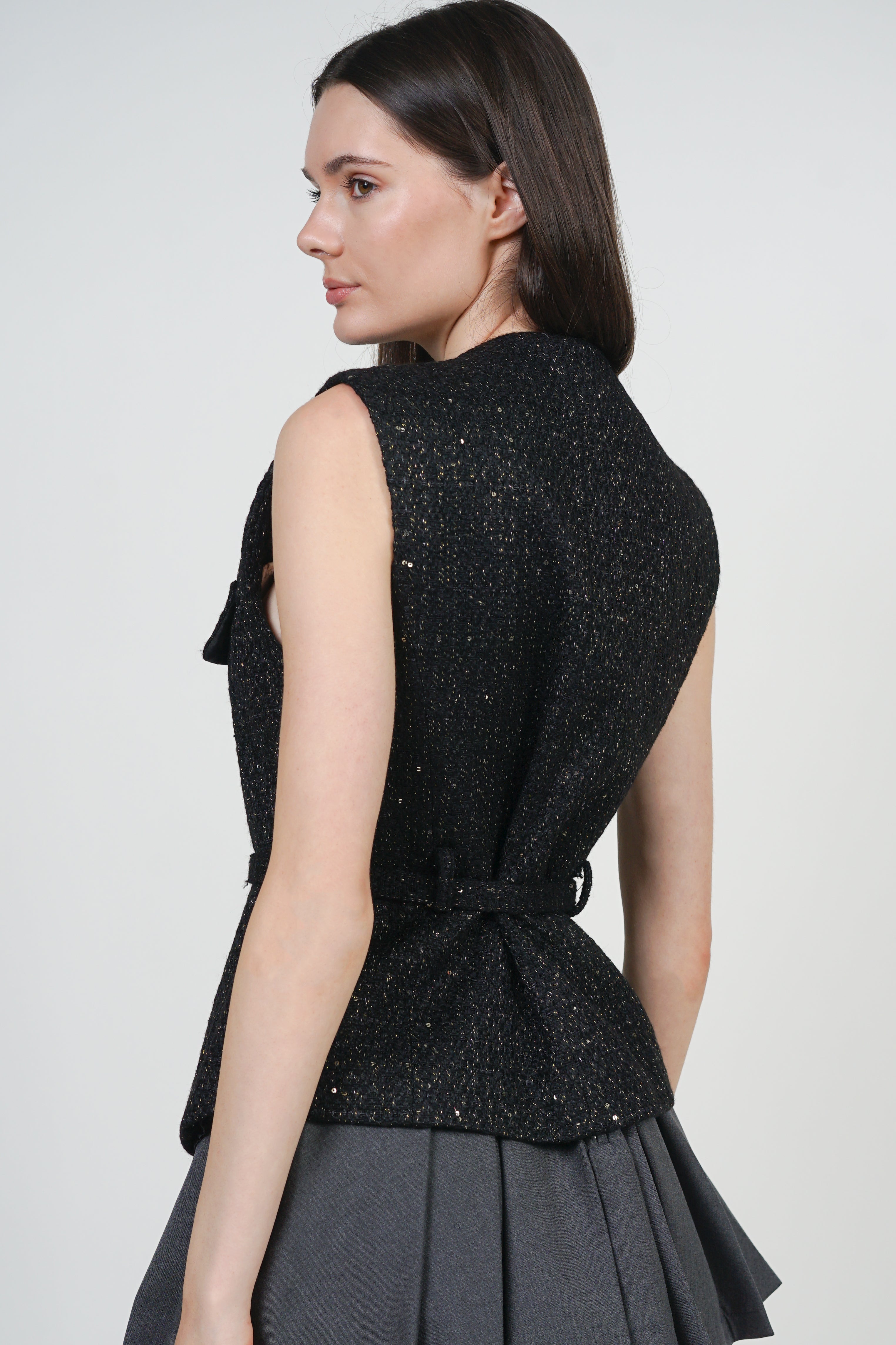 Tweed Belted Metallic Vest in Black