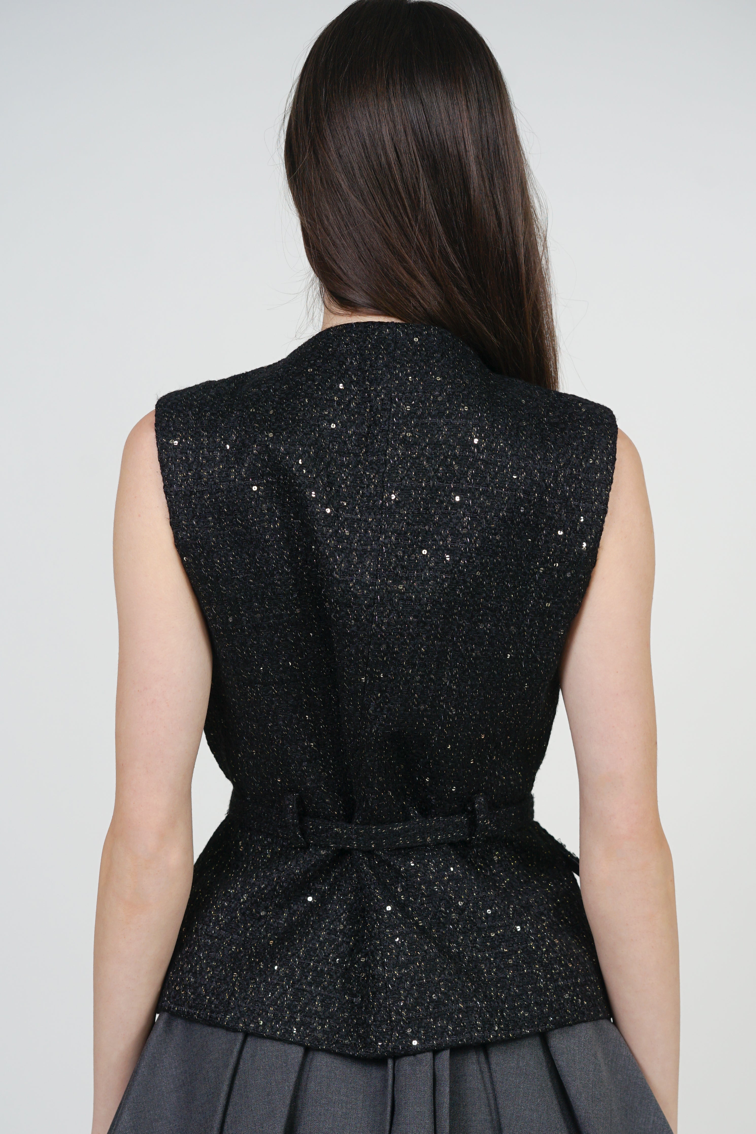 Tweed Belted Metallic Vest in Black