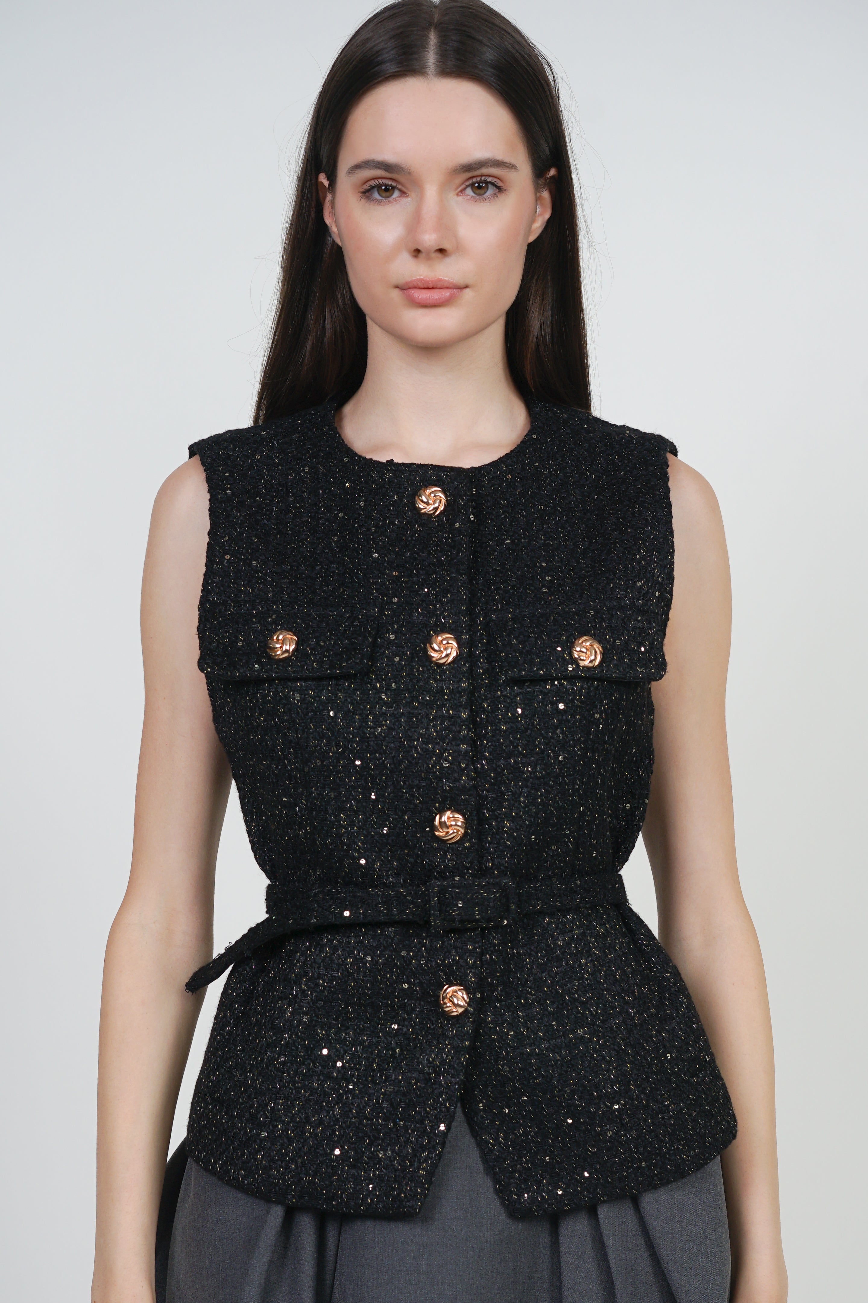 Tweed Belted Metallic Vest in Black