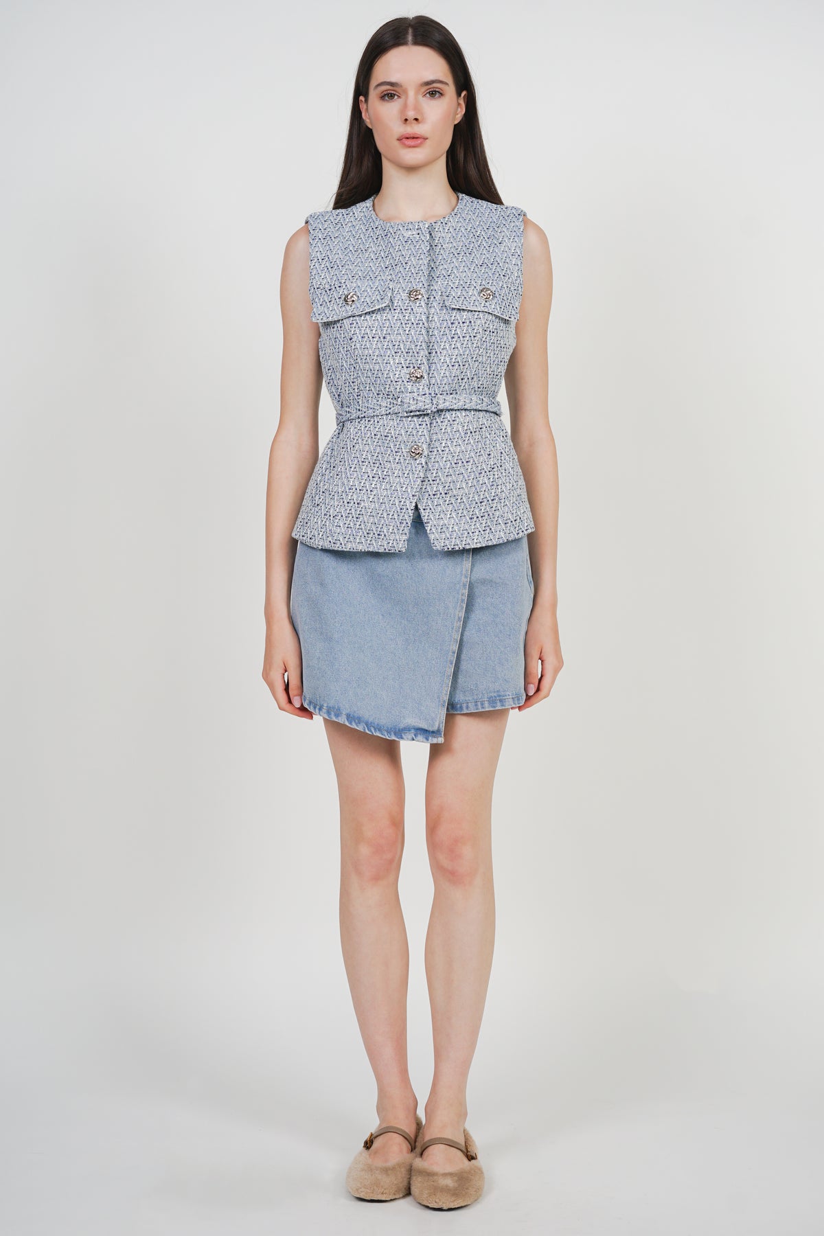 Tweed Belted Metallic Vest in Azure Blue