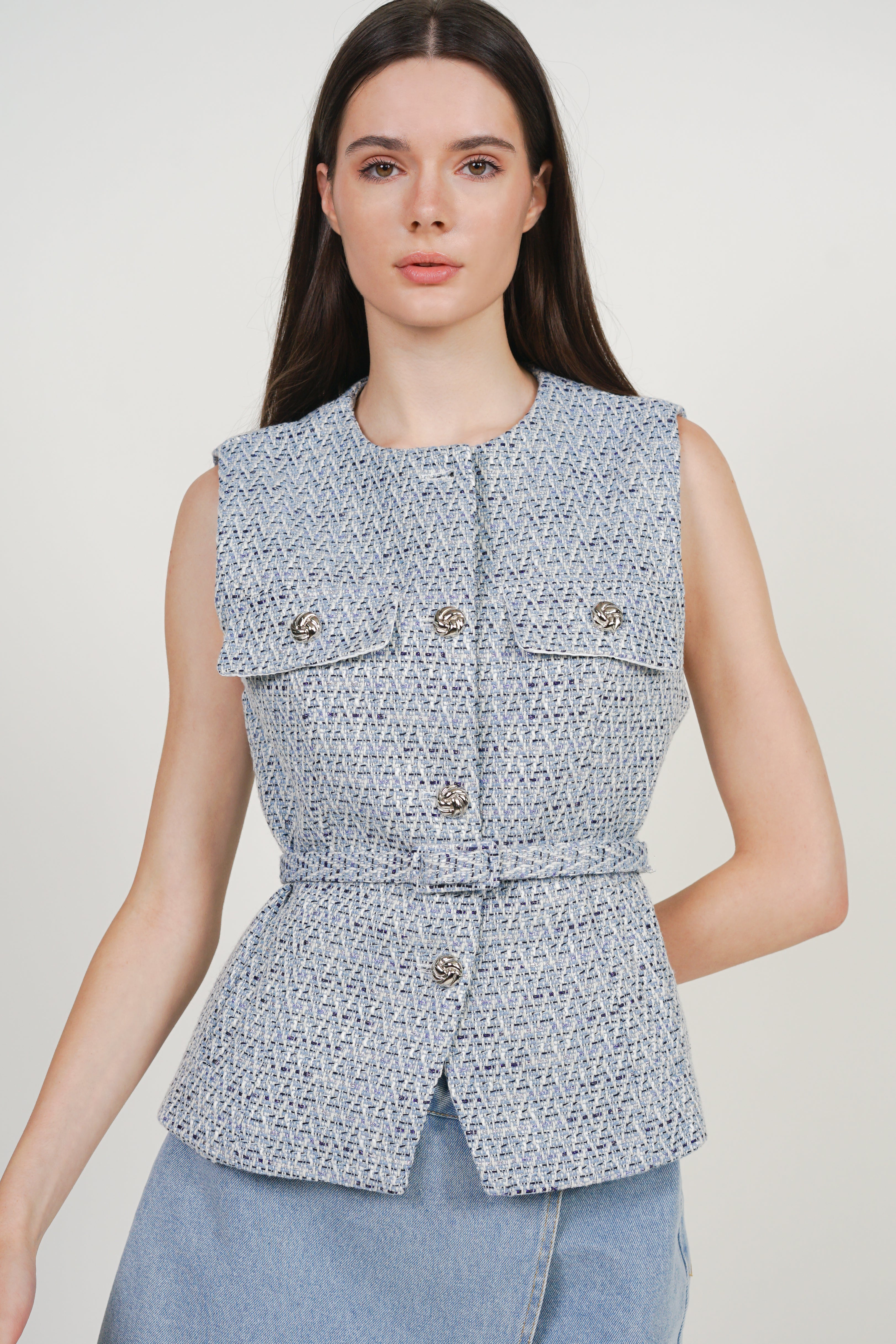 Tweed Belted Metallic Vest in Azure Blue