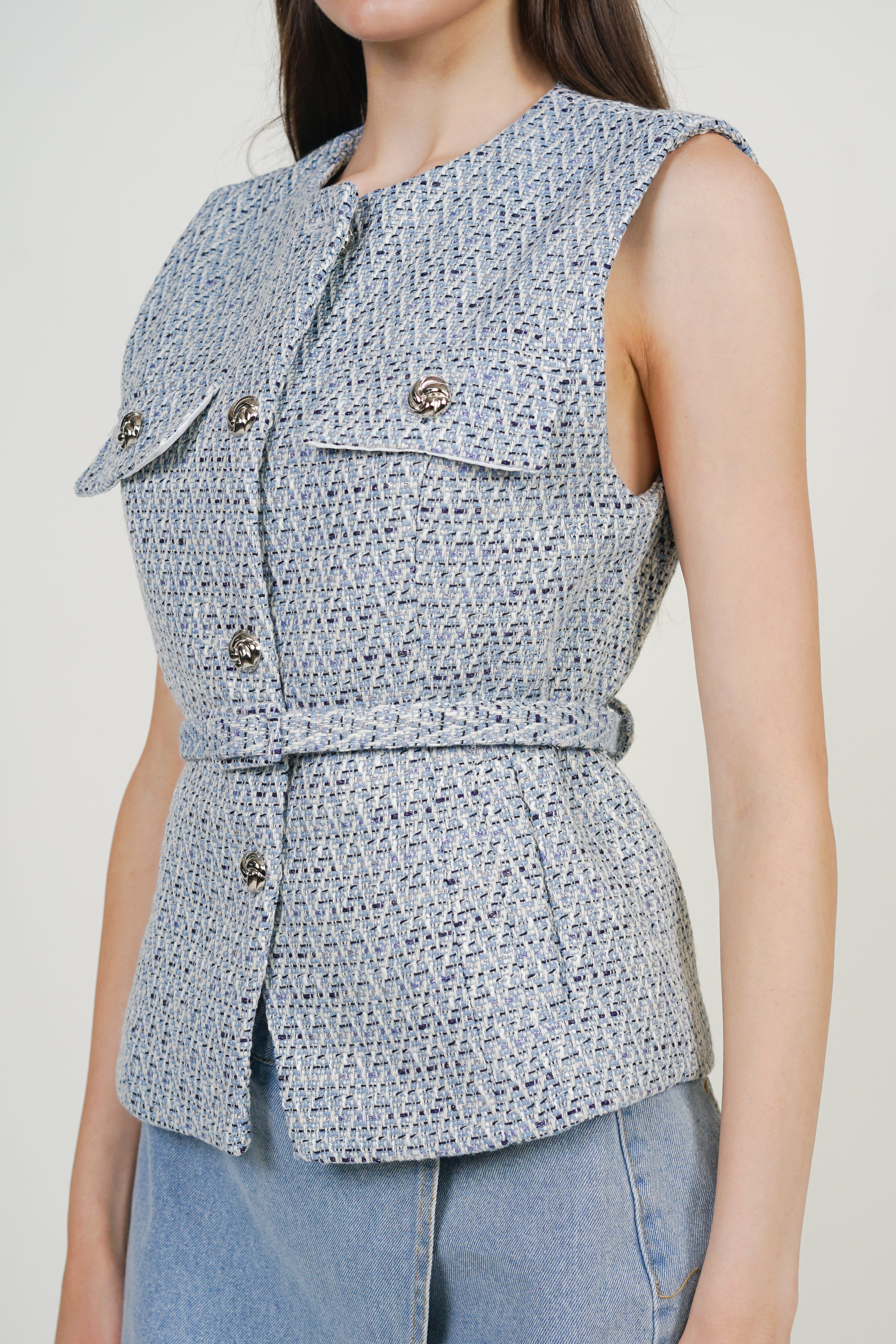 Tweed Belted Metallic Vest in Azure Blue