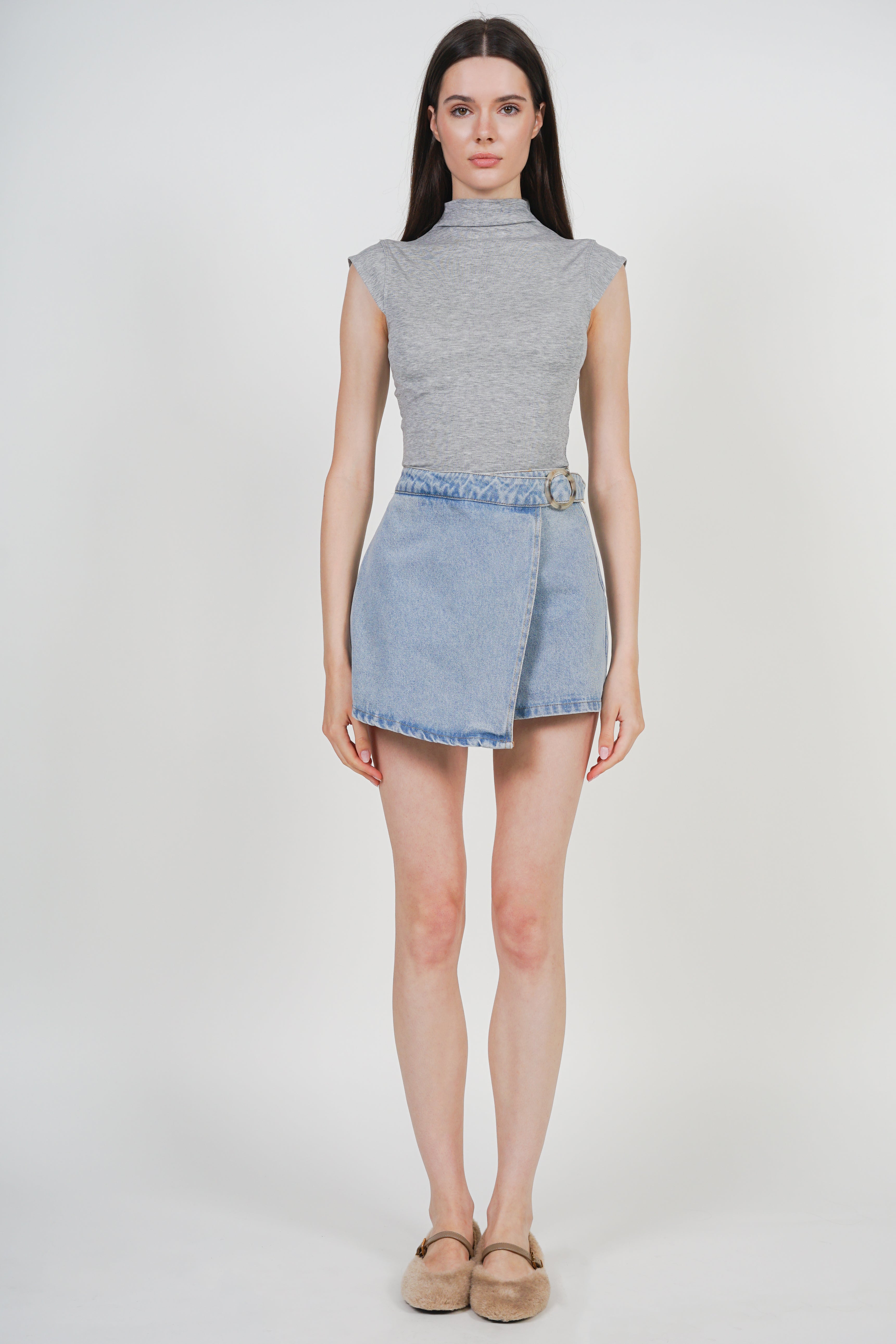 Wrap Denim Buckle Skorts in Light Blue