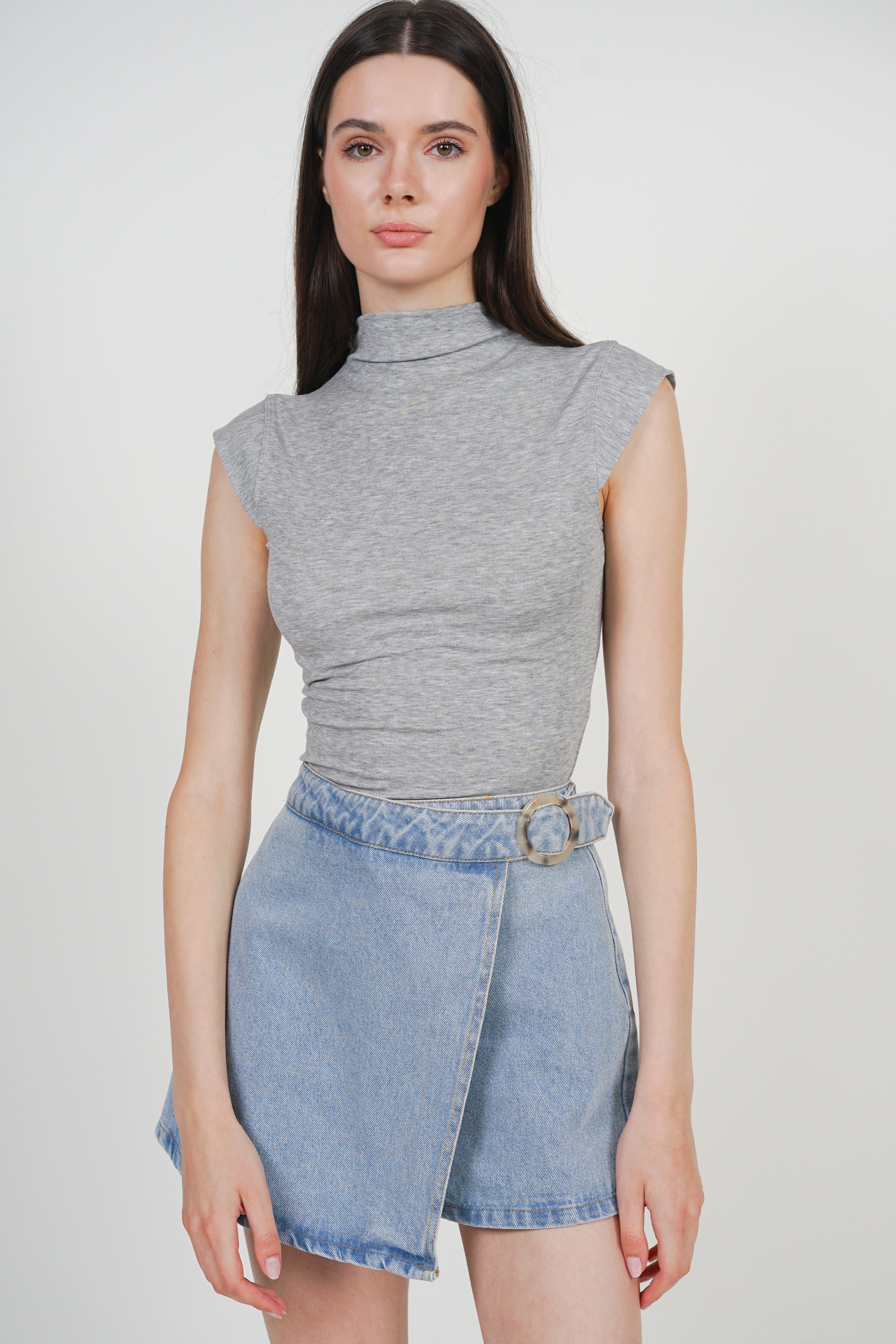 Wrap Denim Buckle Skorts in Light Blue