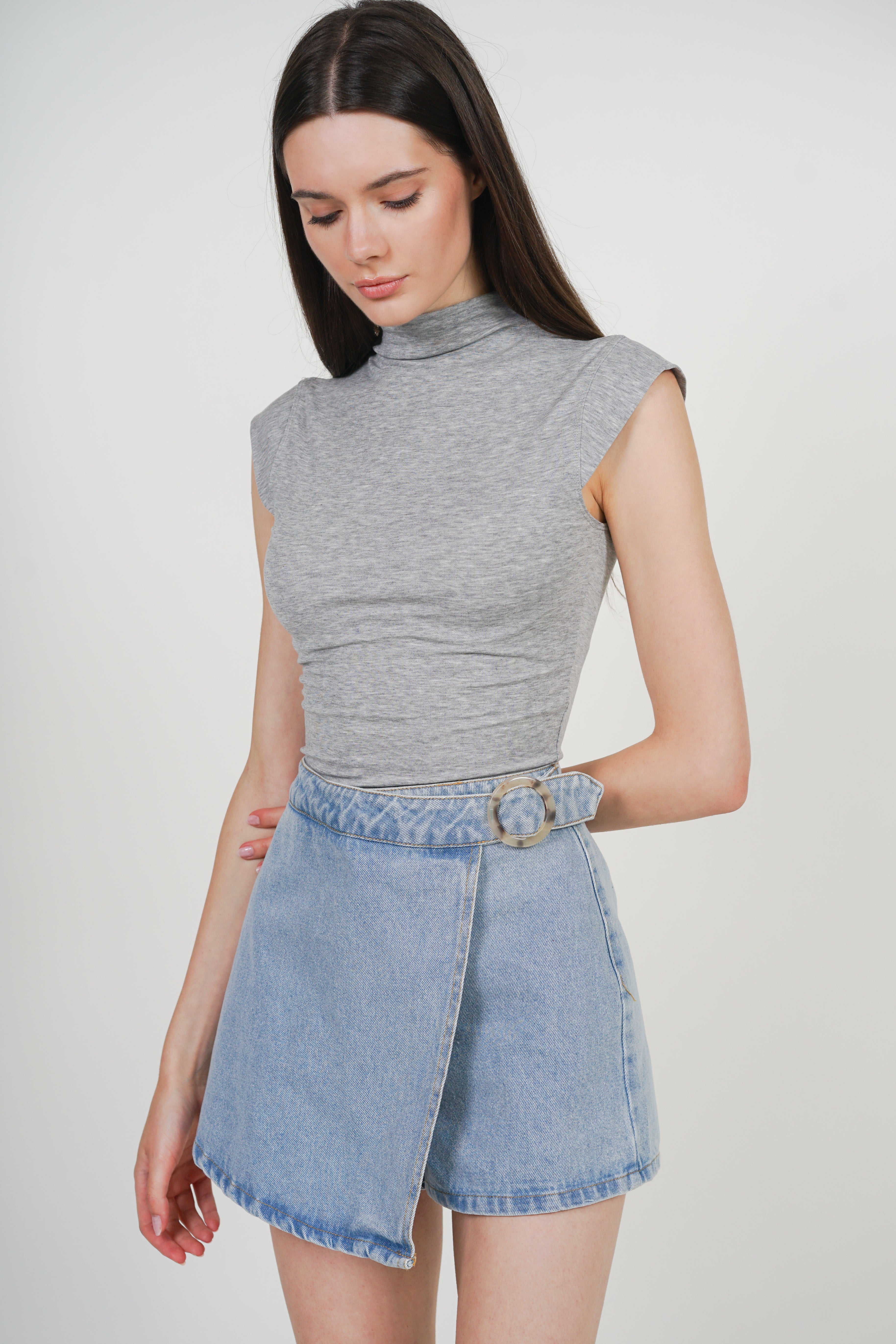 Wrap Denim Buckle Skorts in Light Blue