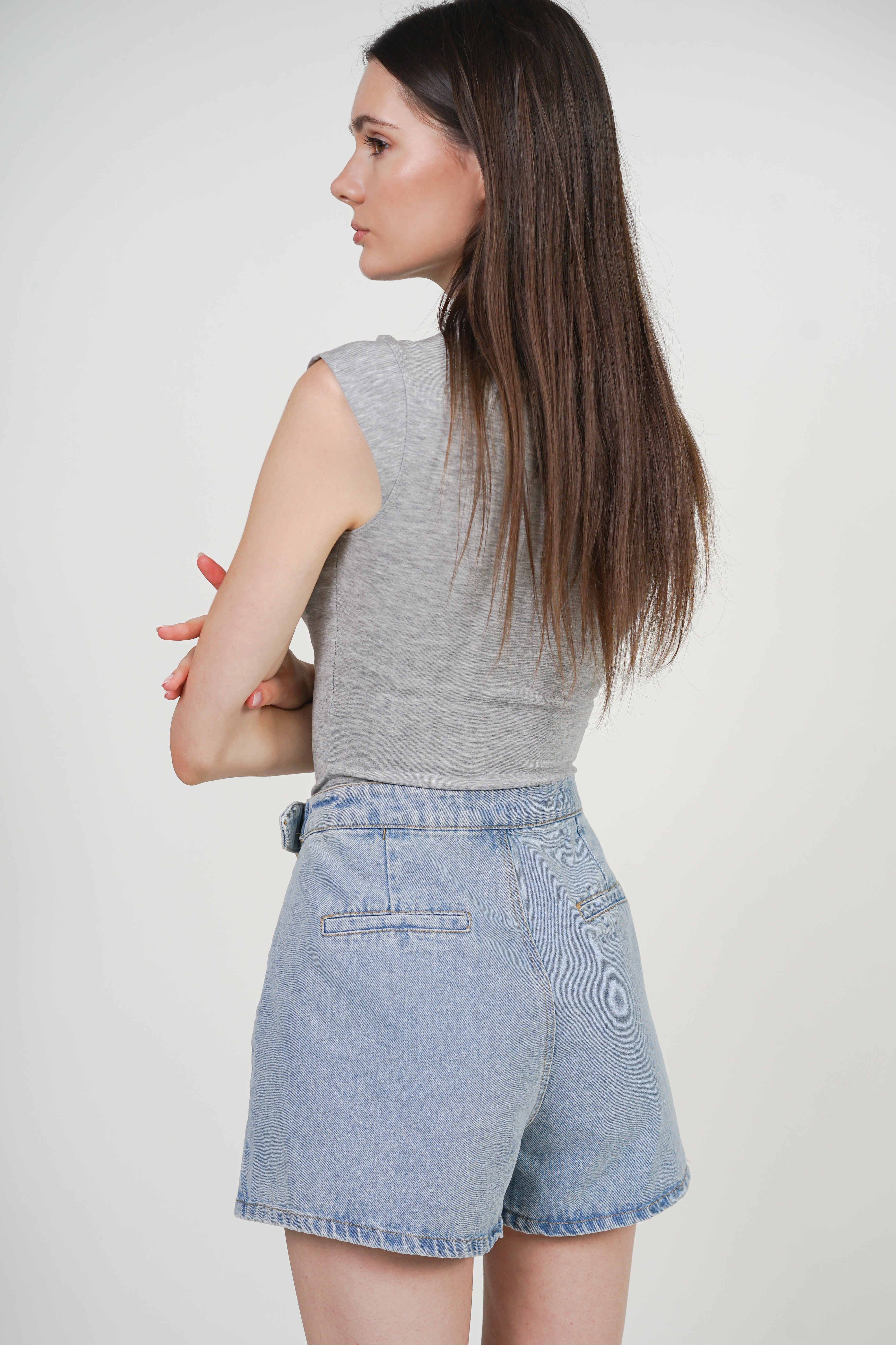 Wrap Denim Buckle Skorts in Light Blue