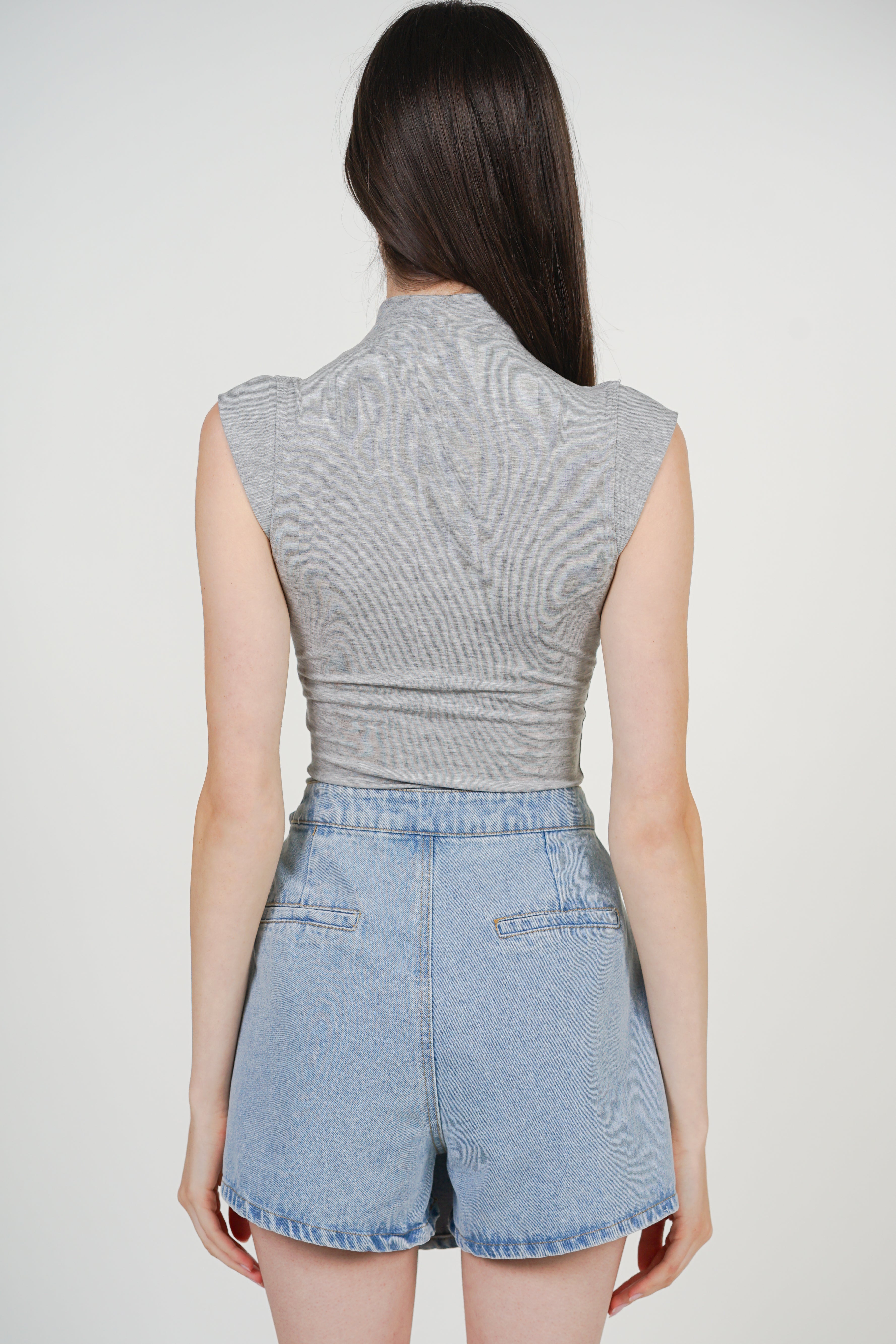 Wrap Denim Buckle Skorts in Light Blue