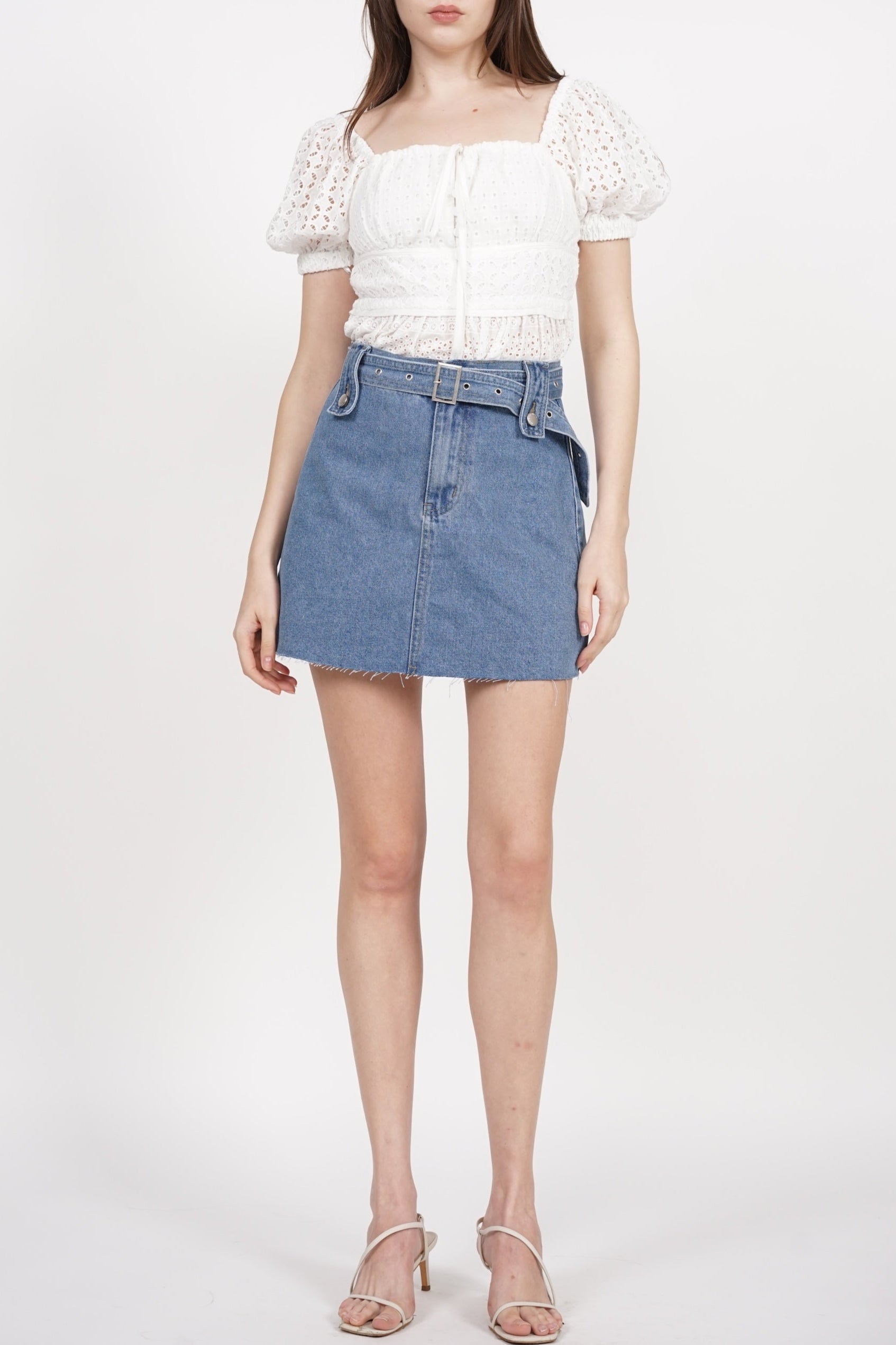 Belted Denim Skorts in Blue