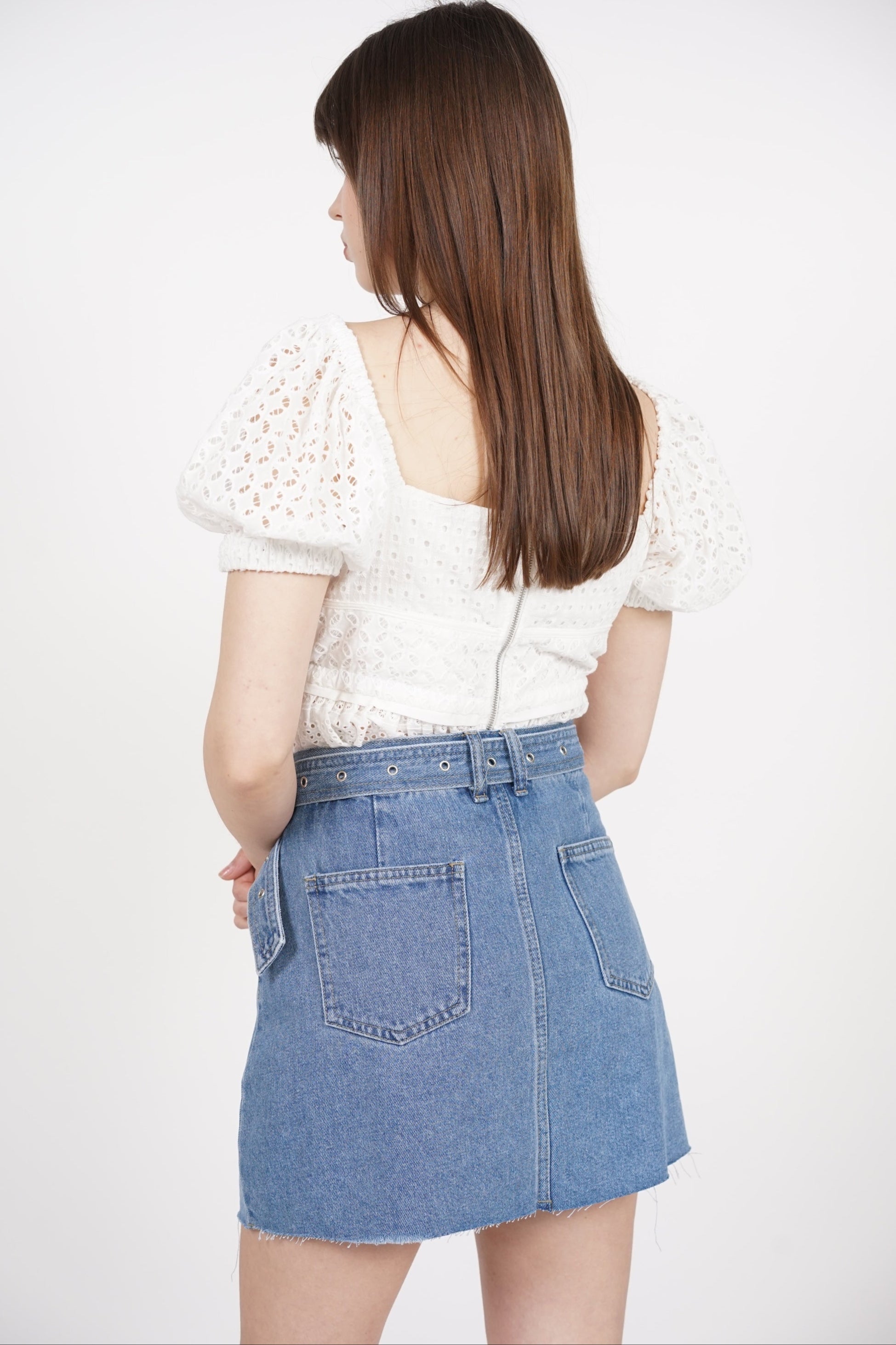 Belted Denim Skorts in Blue