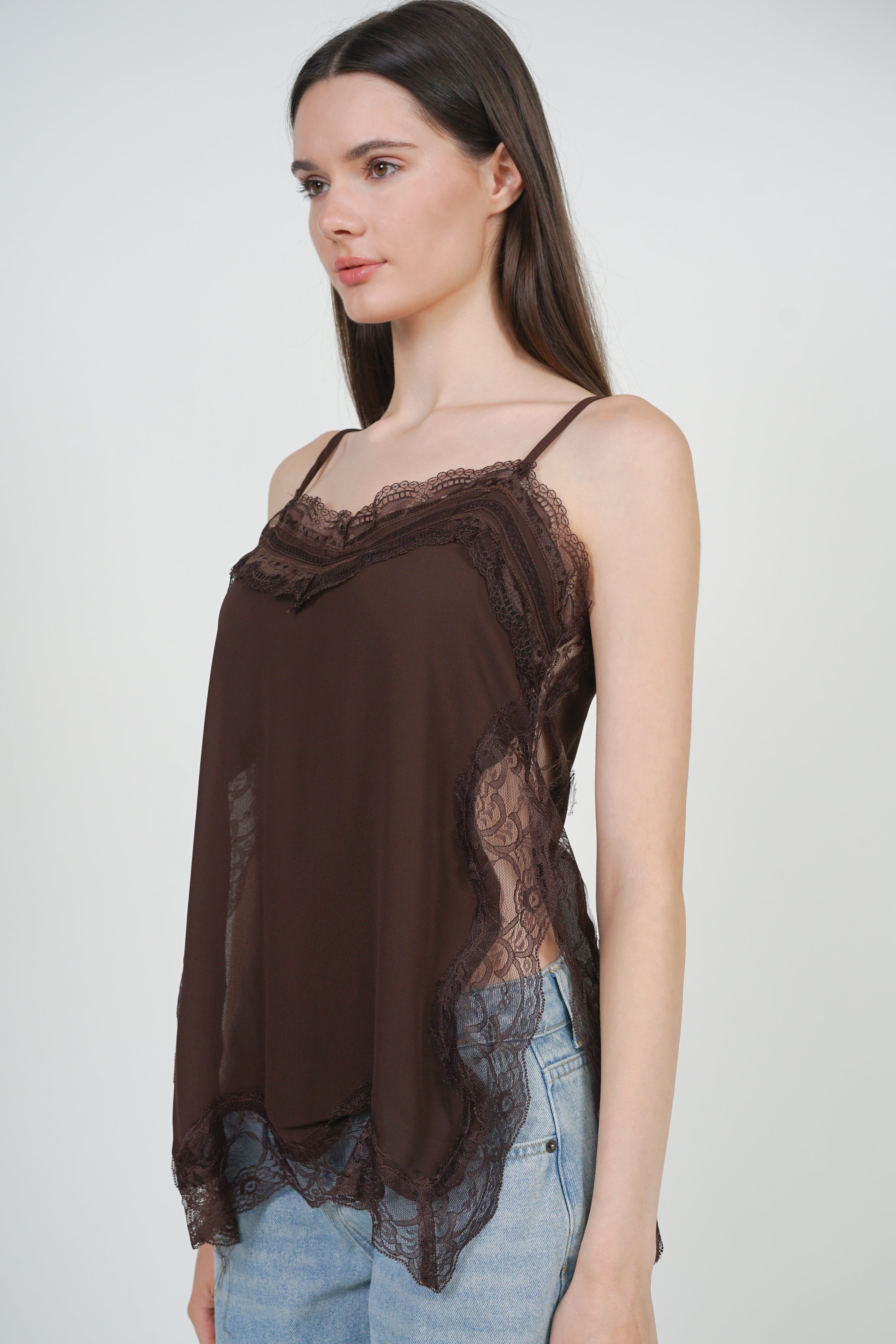 Patchwork Camisole Lace Top in Brown