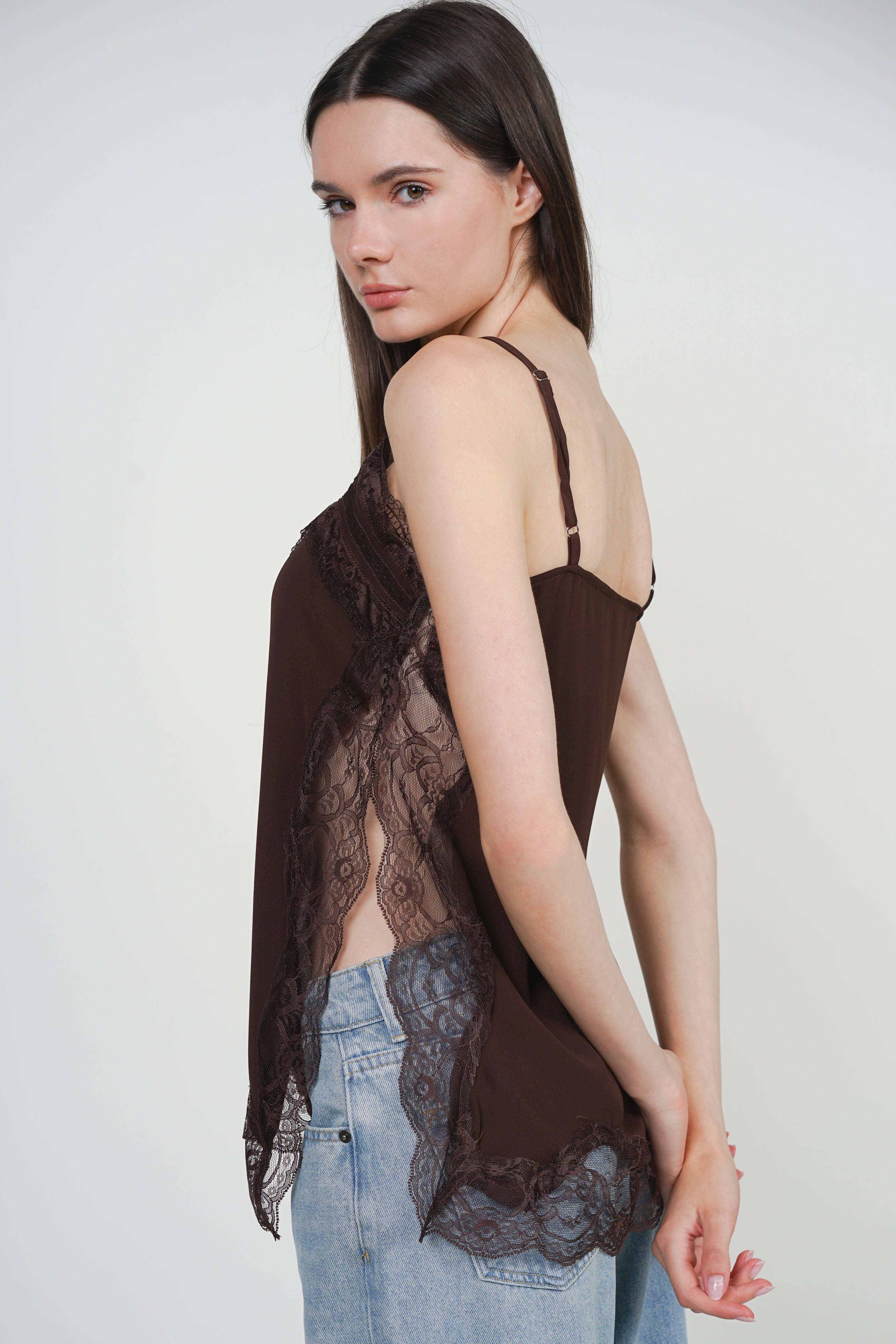 Patchwork Camisole Lace Top in Brown