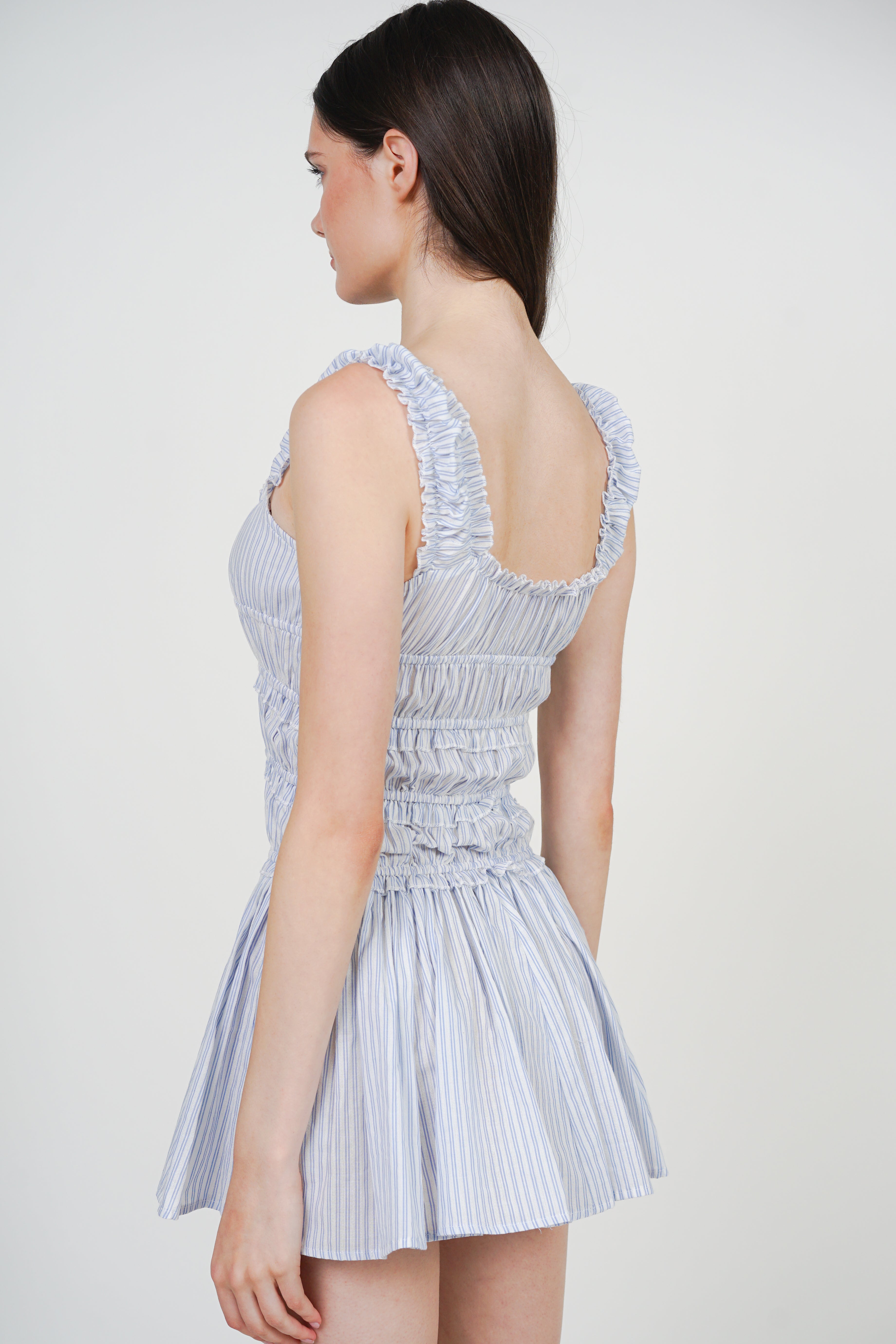 Smocked Mini Dress in Light Blue White Stripes