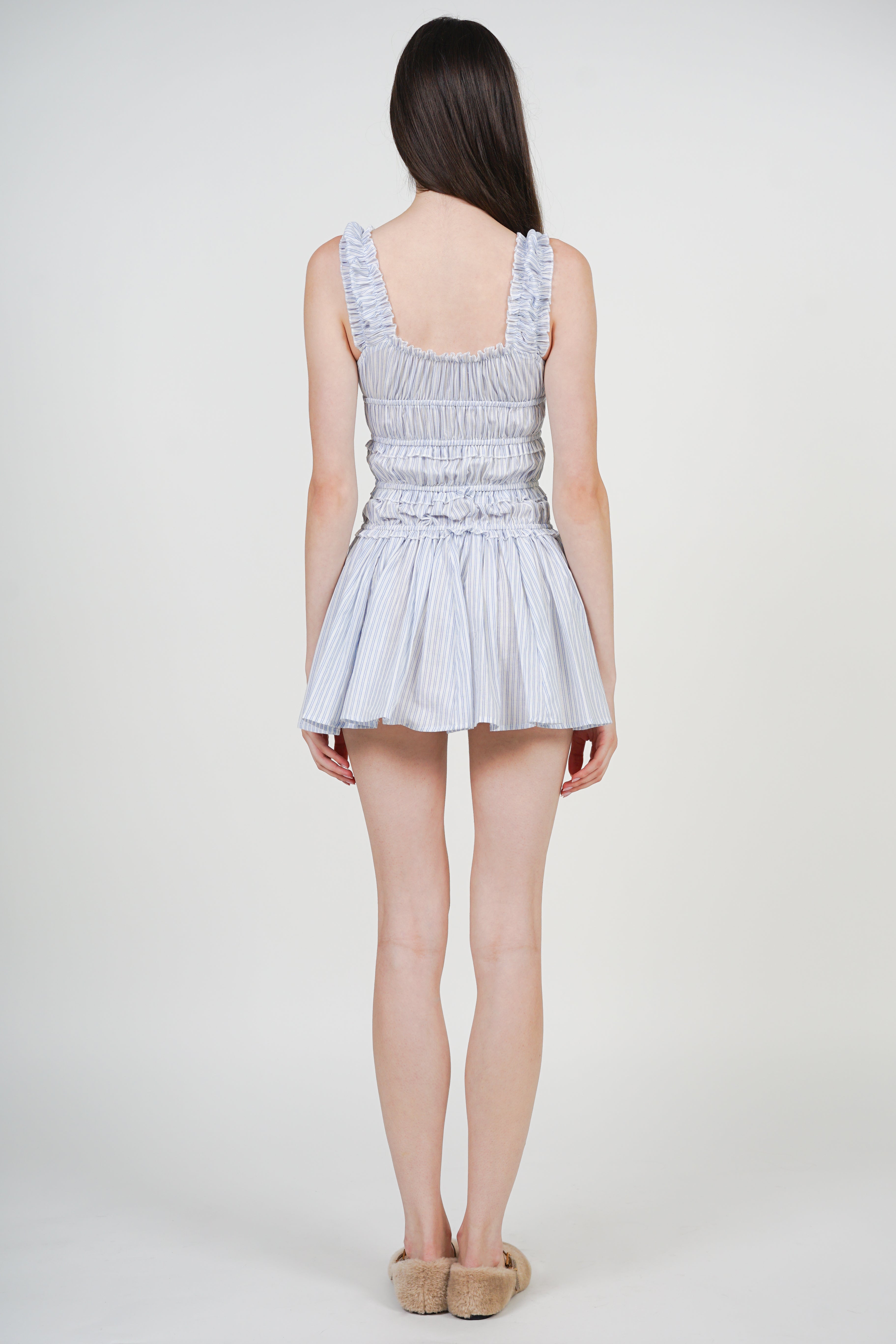 Smocked Mini Dress in Light Blue White Stripes