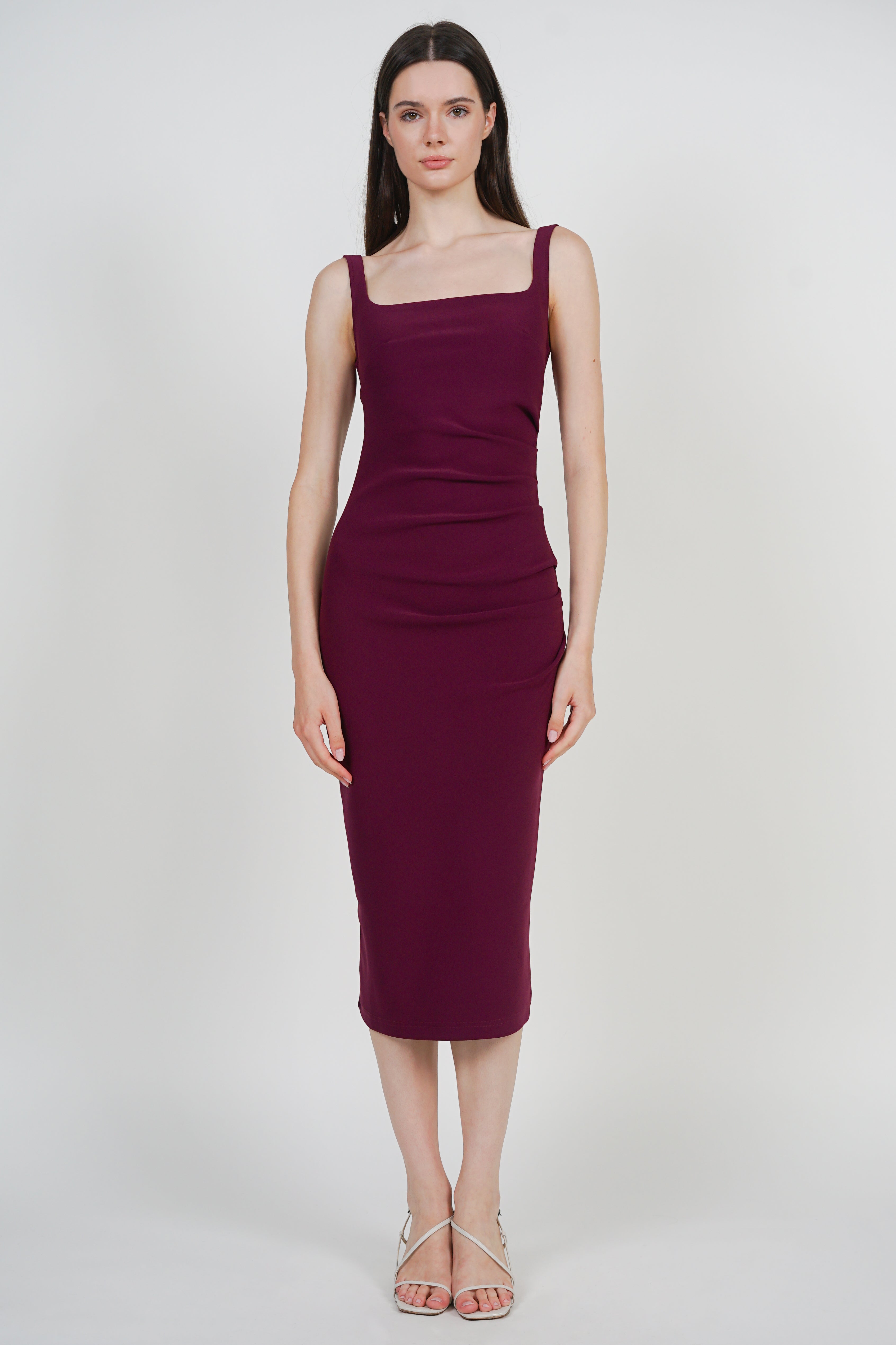 Side Ruched Low Back Midi Dress in Grape Purple