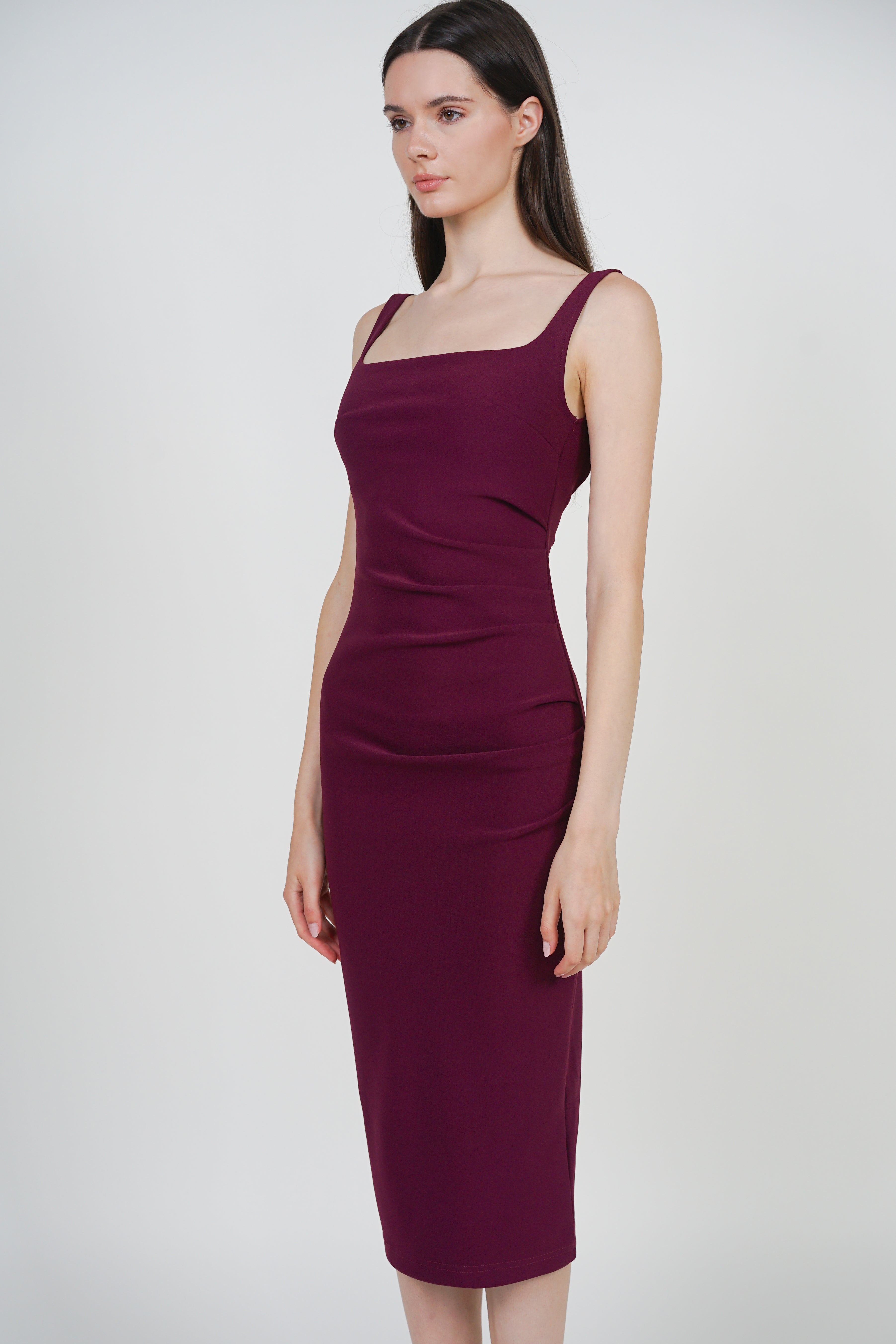 Side Ruched Low Back Midi Dress in Grape Purple