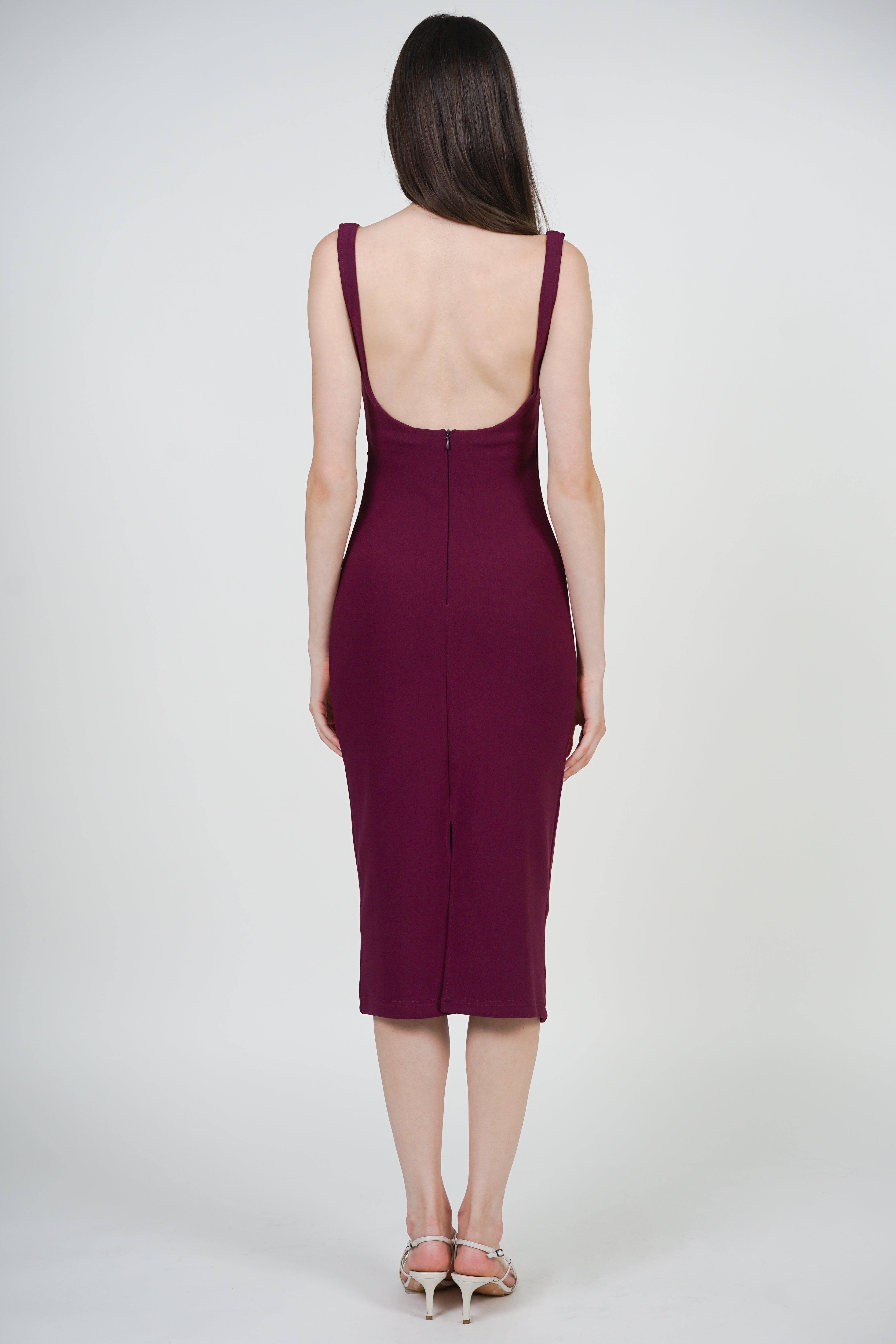 Side Ruched Low Back Midi Dress in Grape Purple