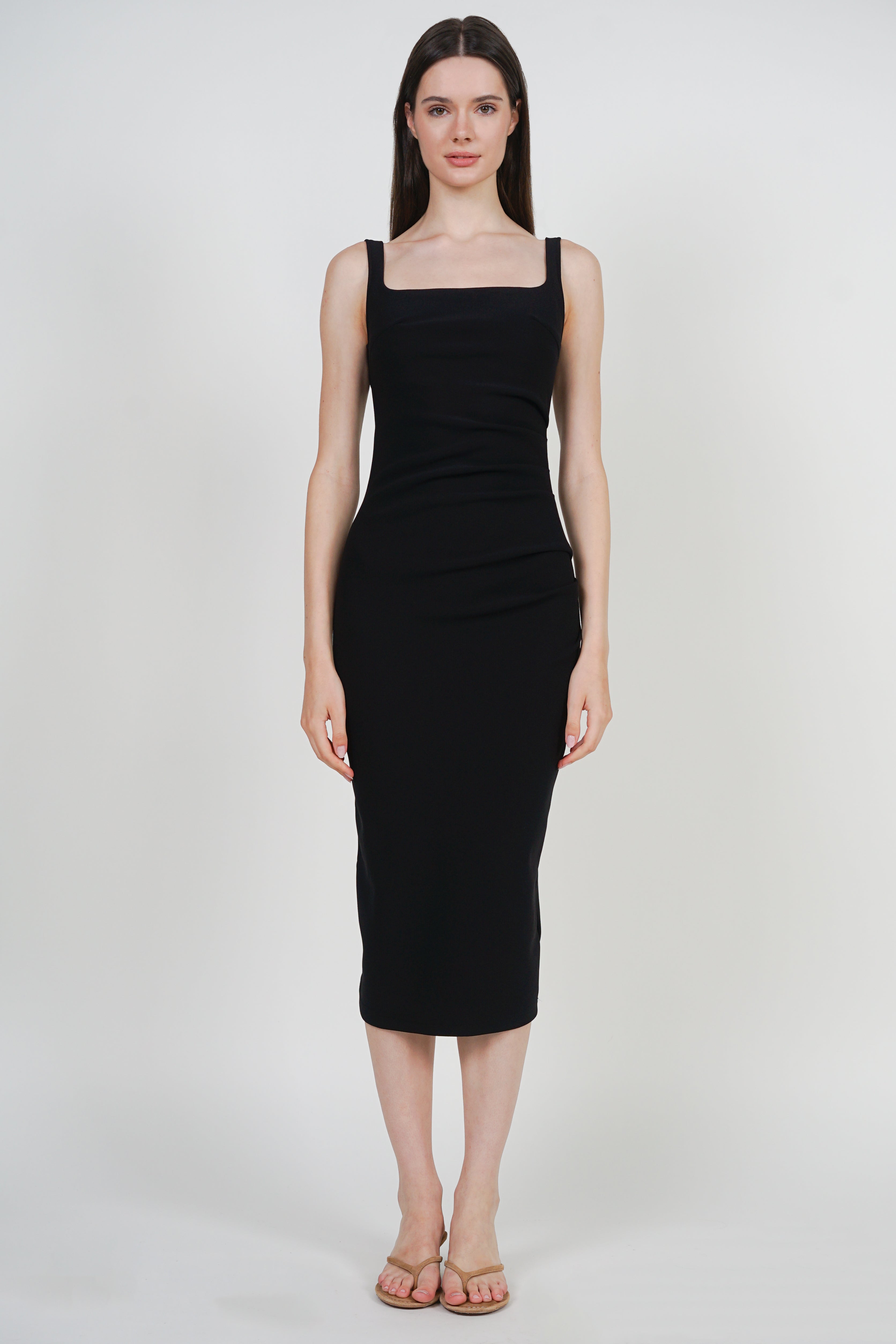 Side Ruched Low Back Midi Dress in Black
