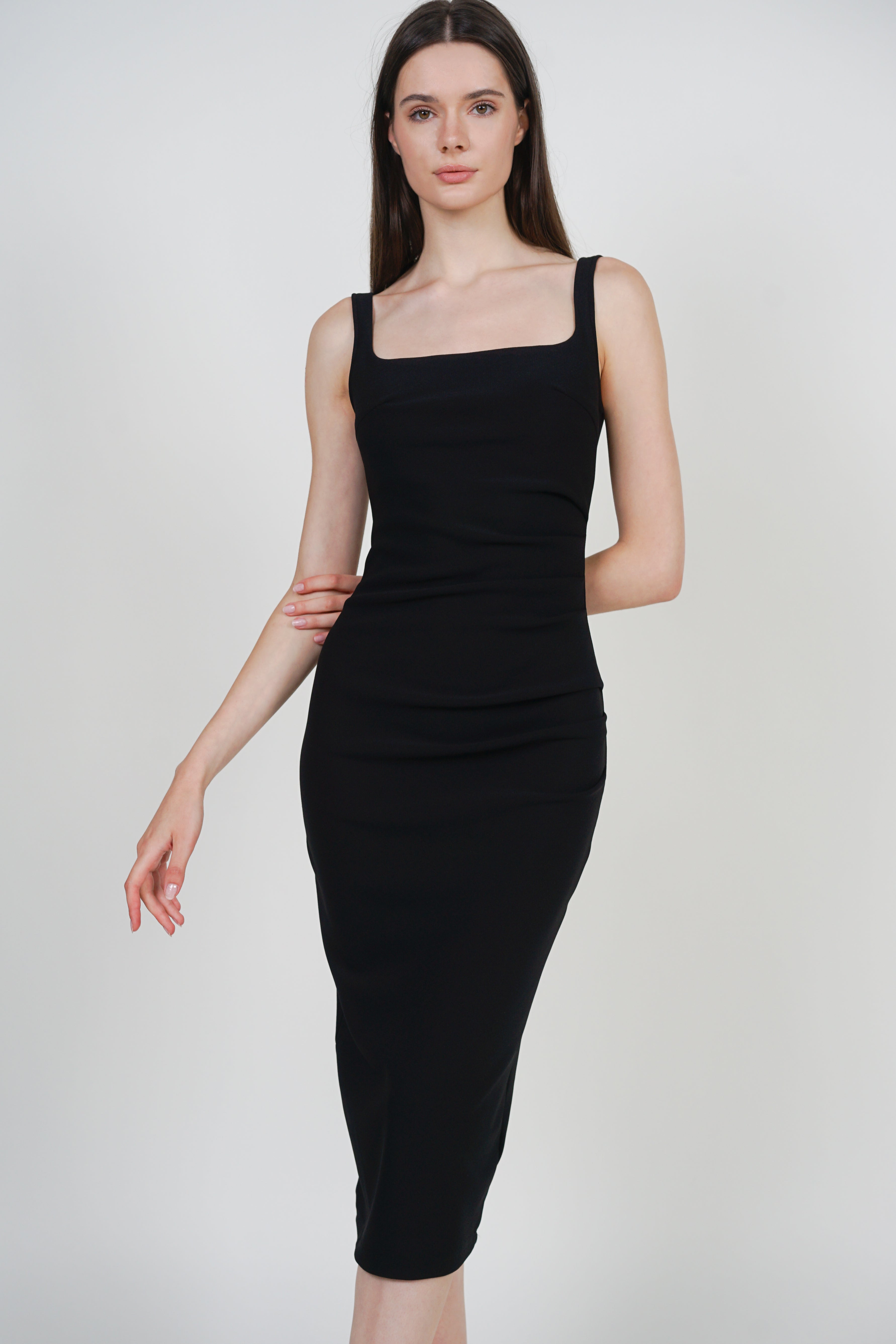 Side Ruched Low Back Midi Dress in Black