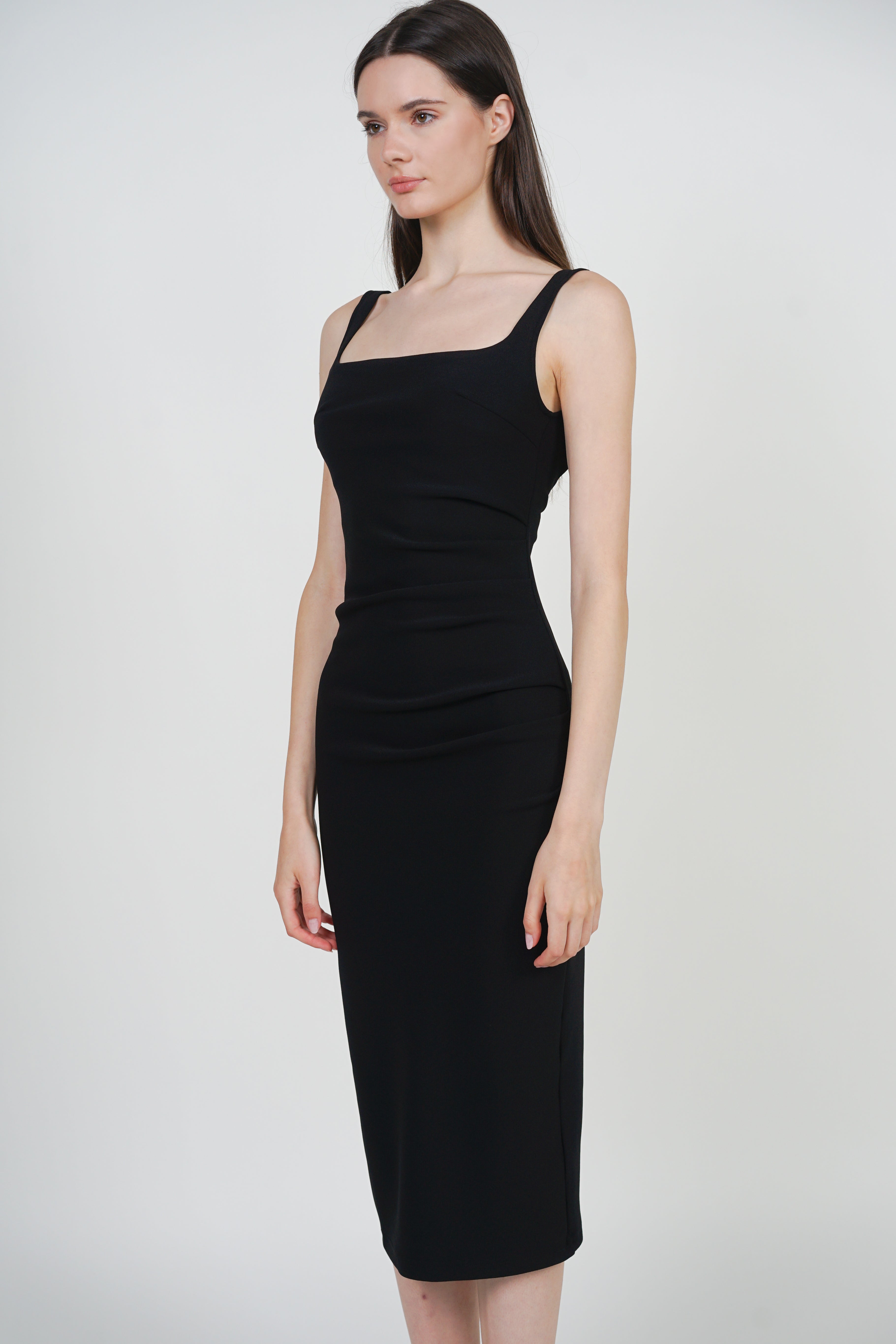 Side Ruched Low Back Midi Dress in Black