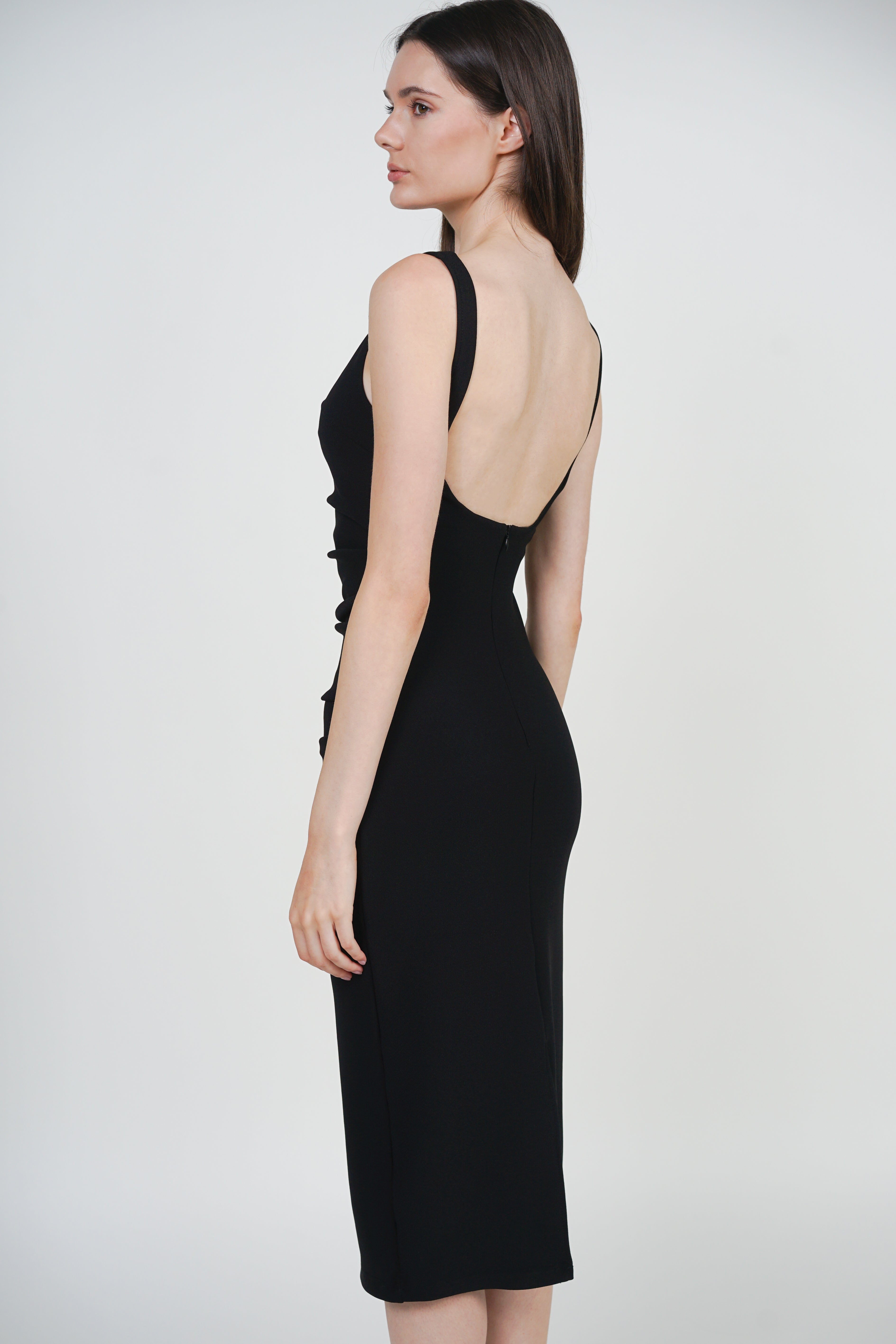 Side Ruched Low Back Midi Dress in Black