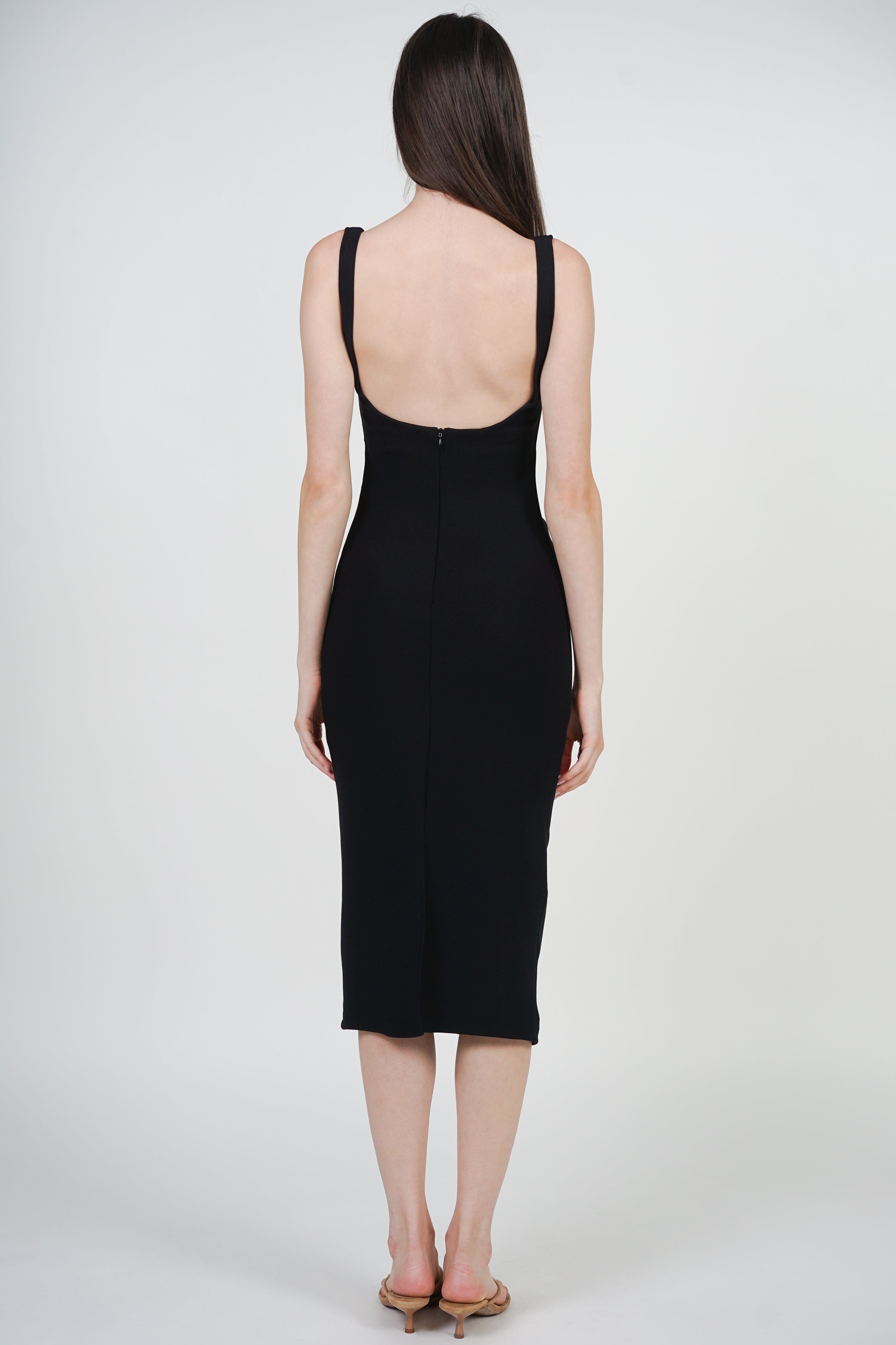 Side Ruched Low Back Midi Dress in Black