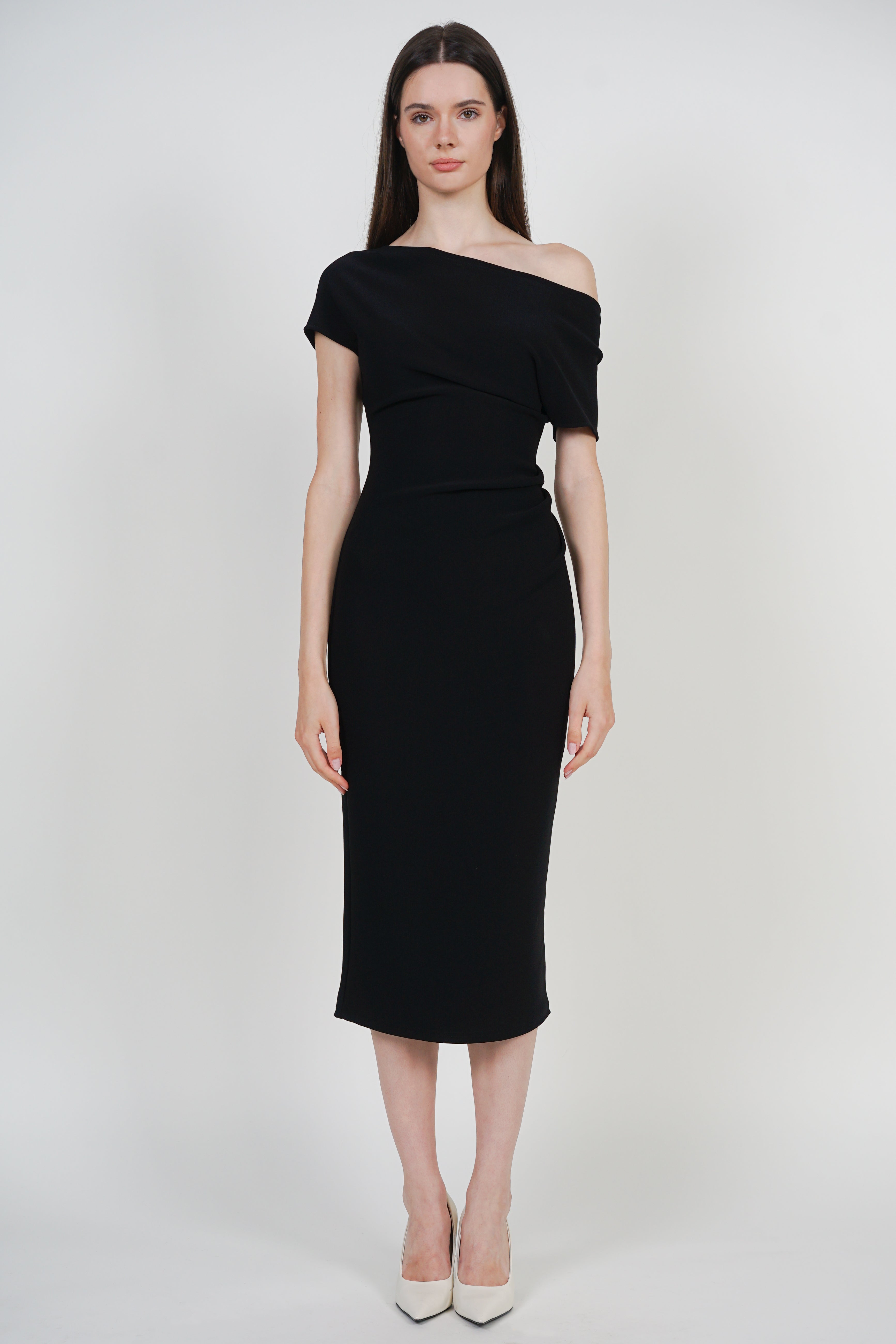 One Shoulder Midi Dress in Black