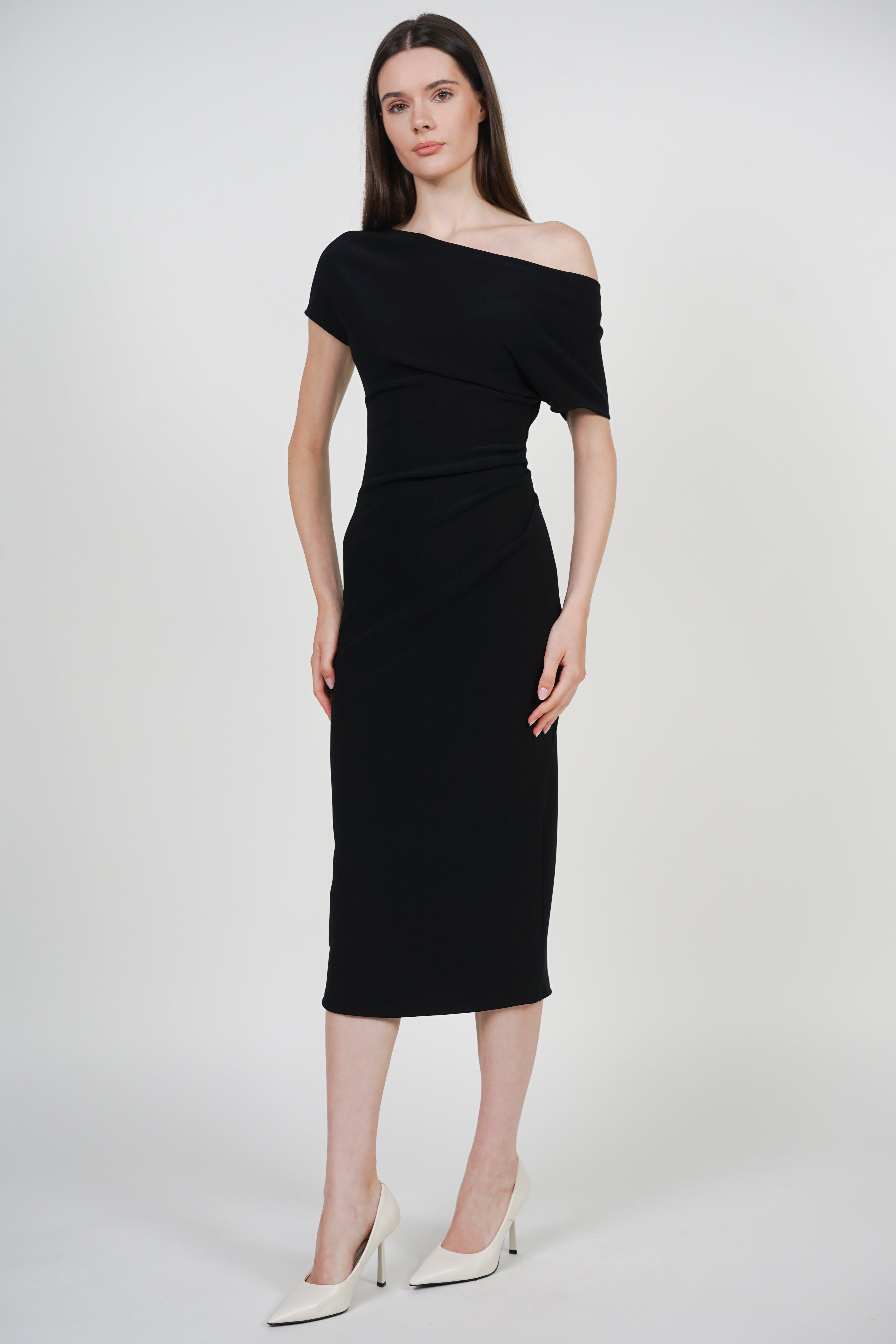 One Shoulder Midi Dress in Black