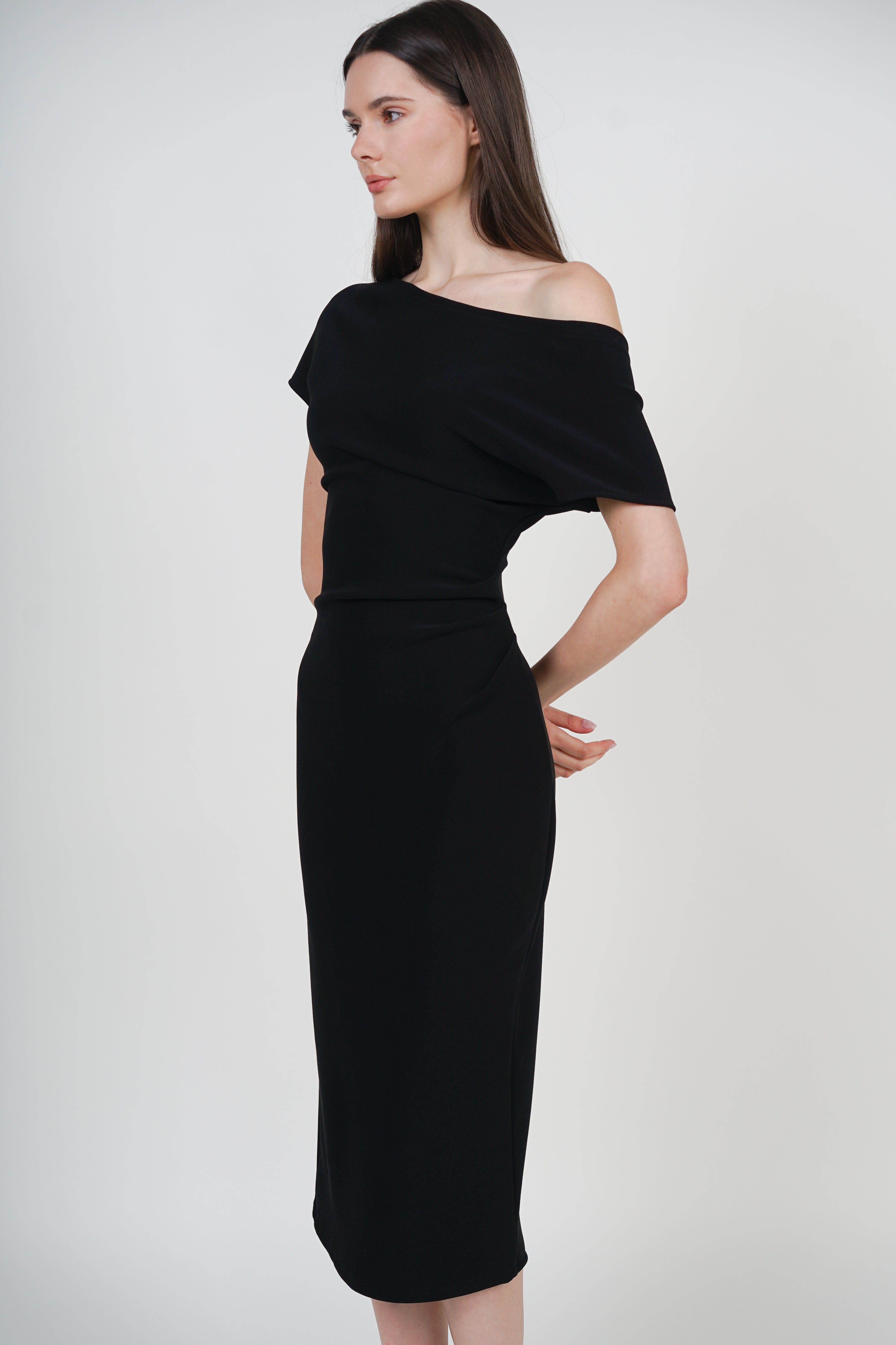 One Shoulder Midi Dress in Black