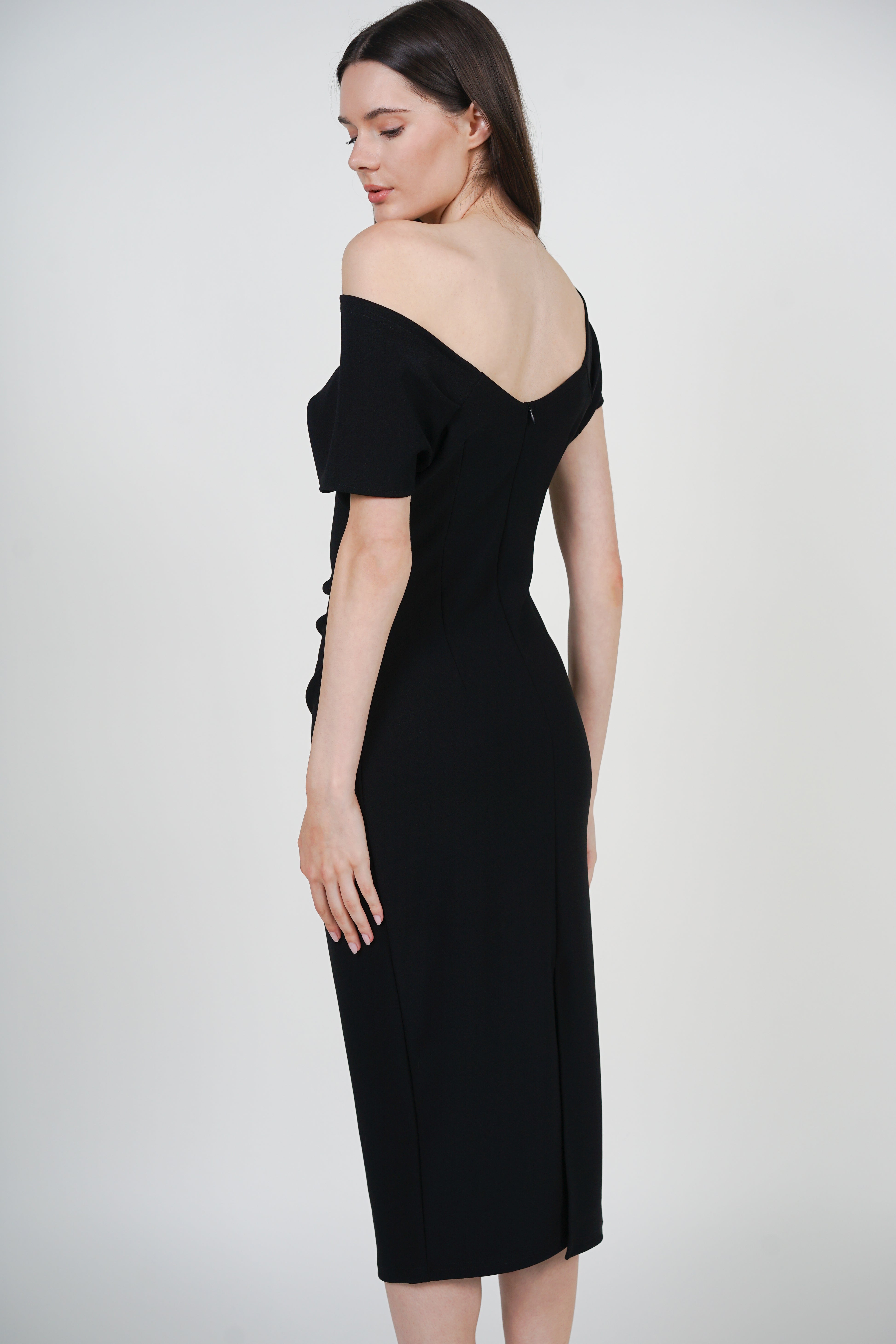 One Shoulder Midi Dress in Black