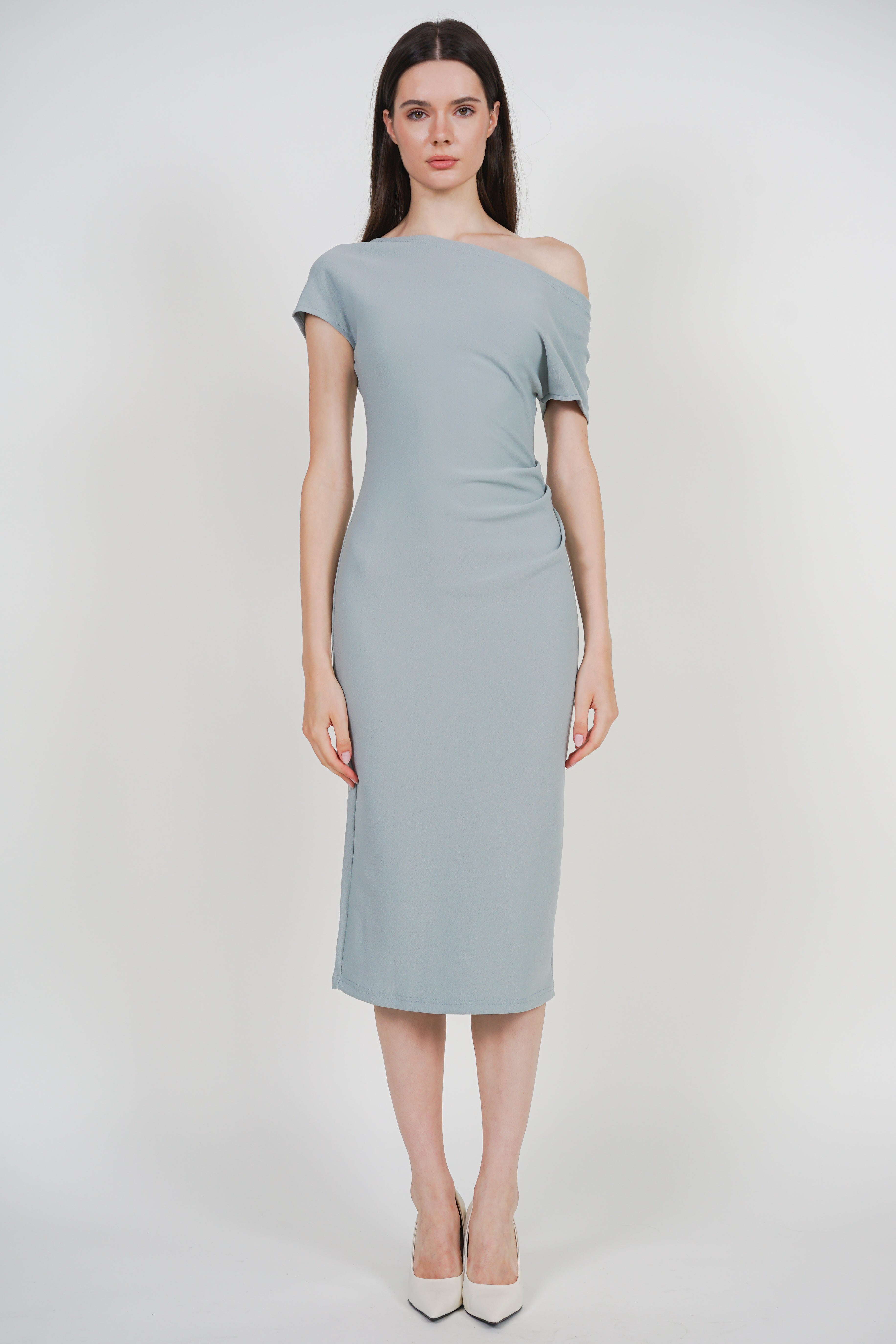 One Shoulder Midi Dress in Bean Green
