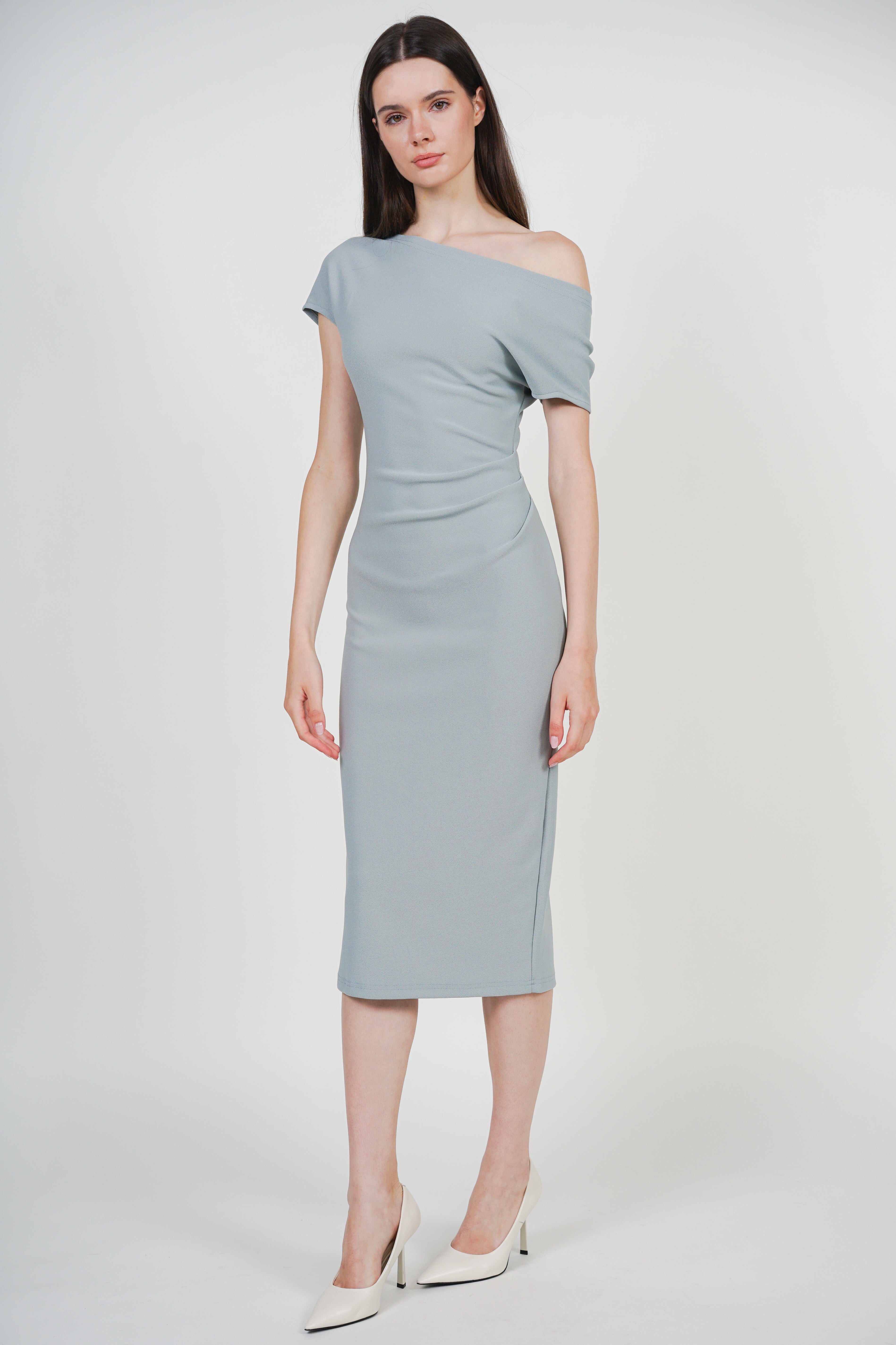 One Shoulder Midi Dress in Bean Green