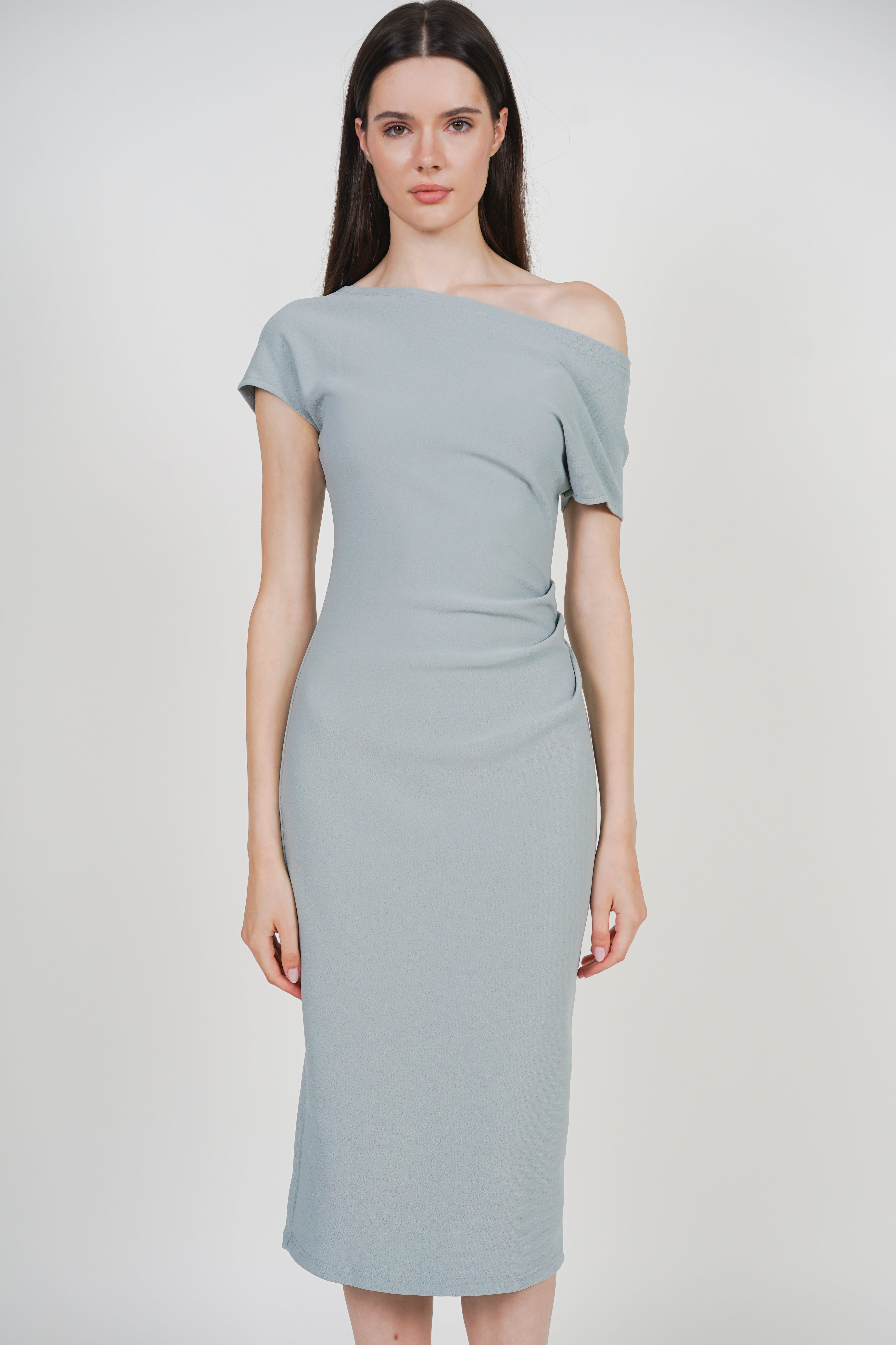 One Shoulder Midi Dress in Bean Green