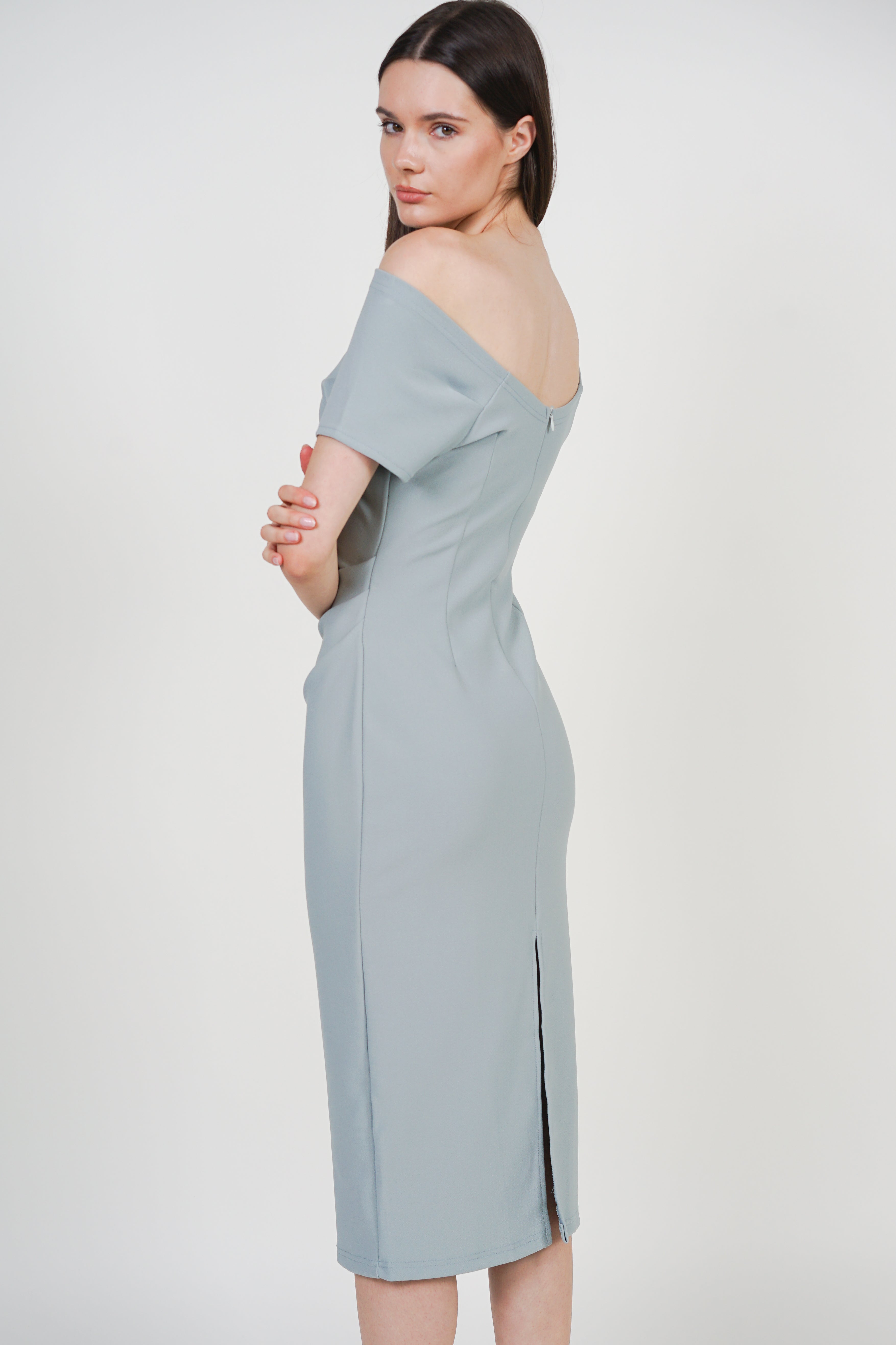 One Shoulder Midi Dress in Bean Green