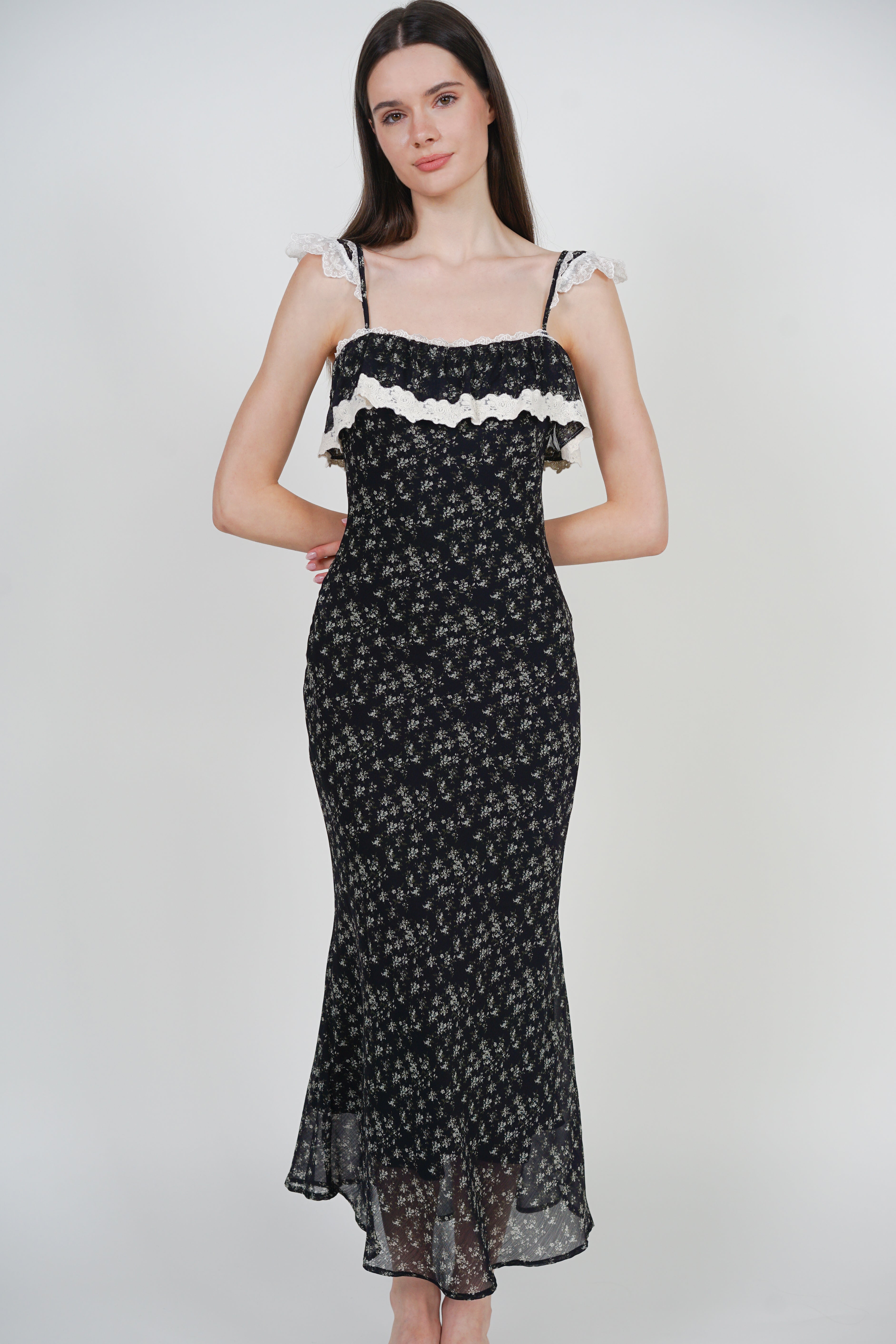 Cami Ruffled Midi Dress in Black Ditsy Floral