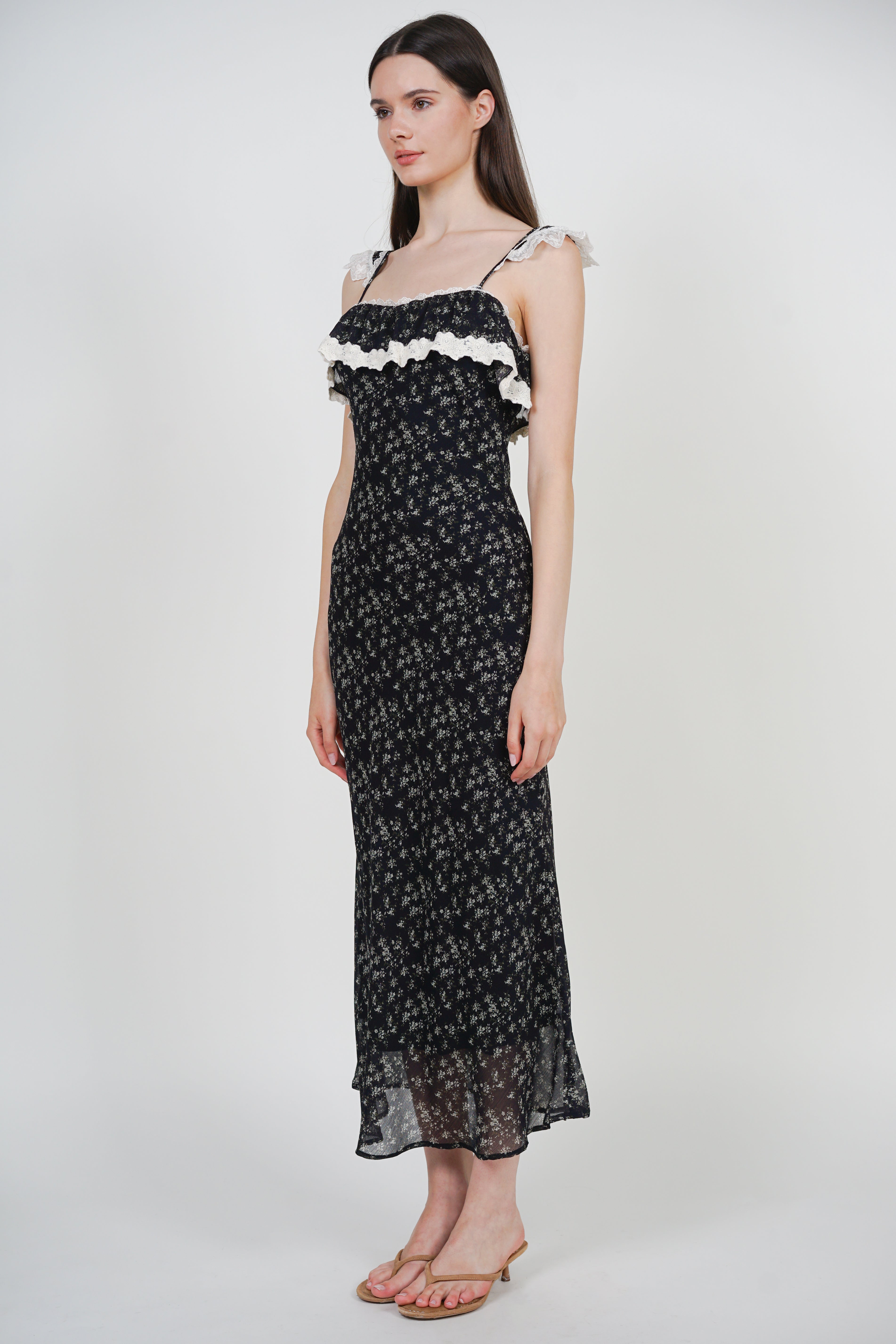 Cami Ruffled Midi Dress in Black Ditsy Floral